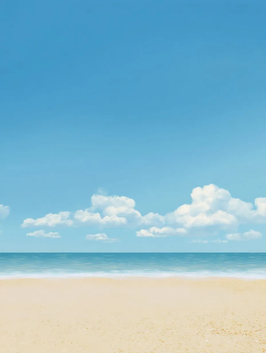 Minimalist beach wallpaper featuring light blue ocean water, yellow sand, and white clouds under a clear sky.