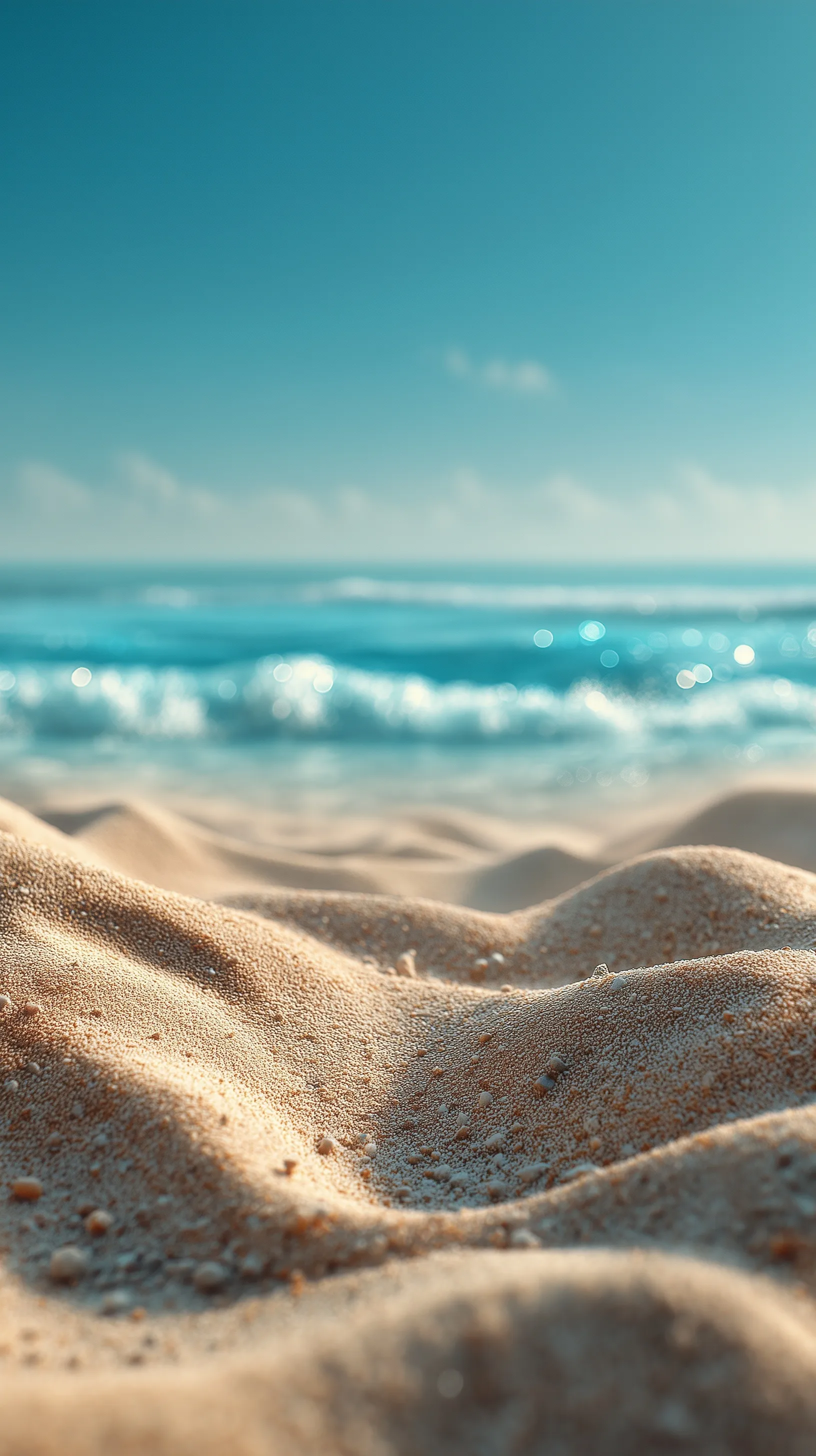 Soft focus sandy beach with a blue ocean horizon and bright summer sky, minimalist natural aesthetic.