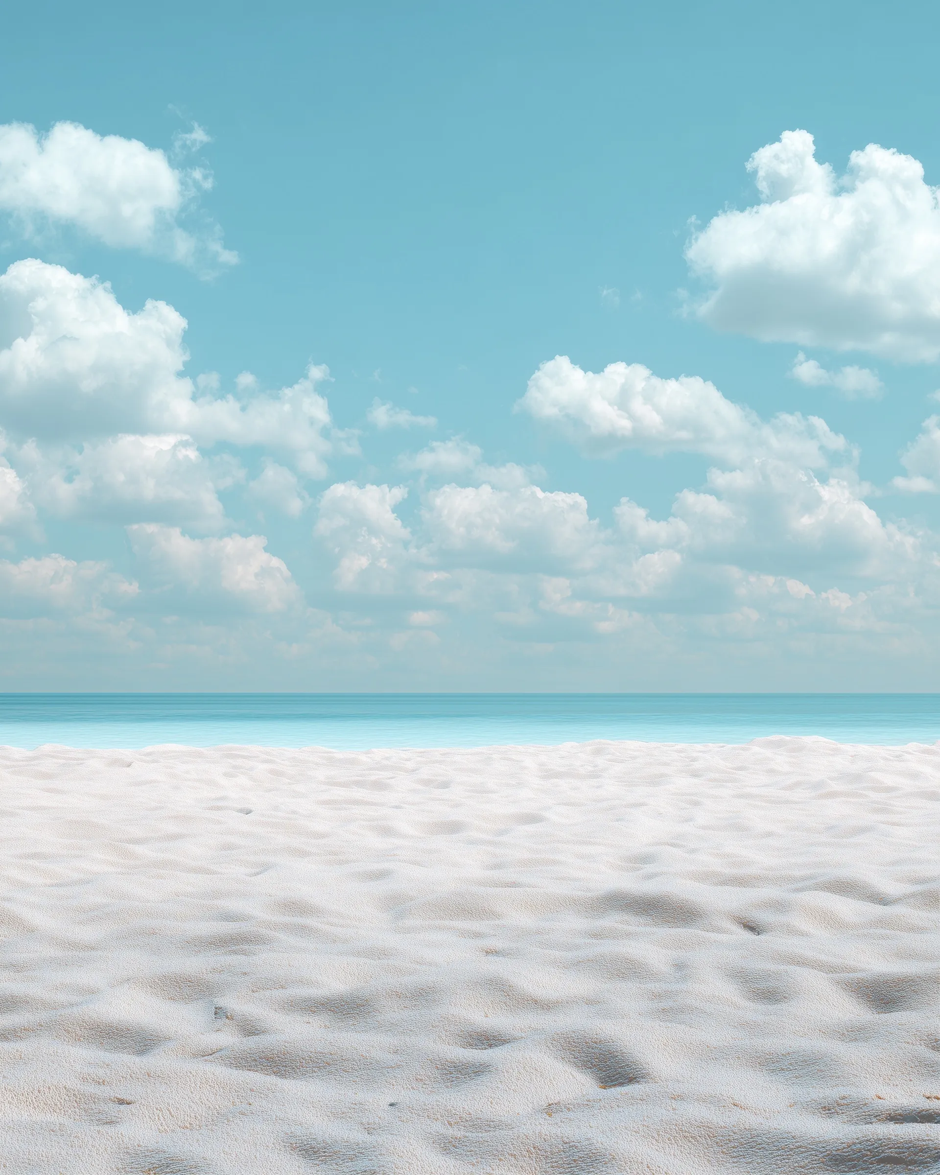 Minimalist summer beach background with white sand, blue sea, and clear sky, perfect for clean skincare design.