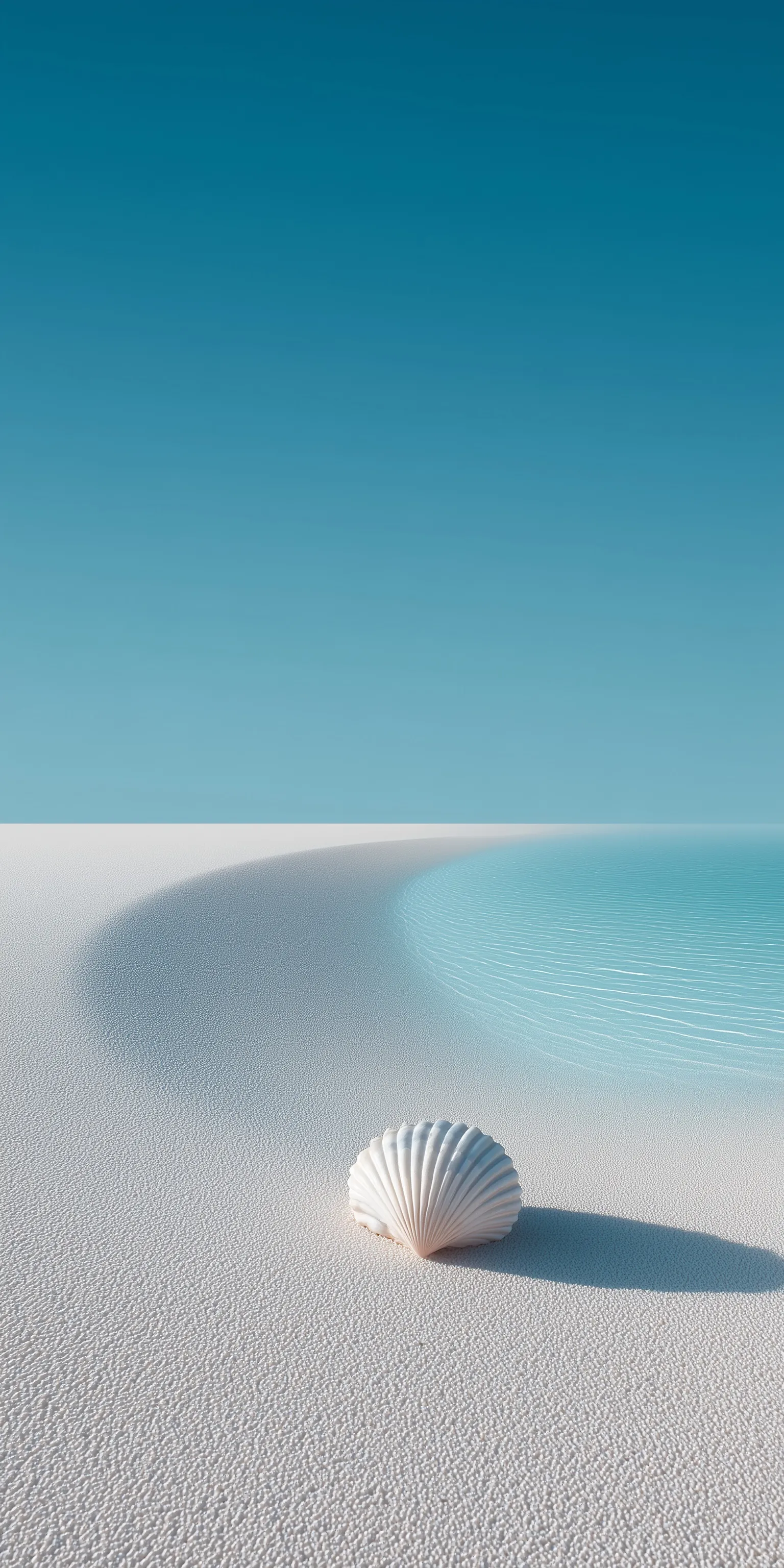Minimalist studio shot of white sand, azure seawater, and a seashell against a soft light pink gradient background.