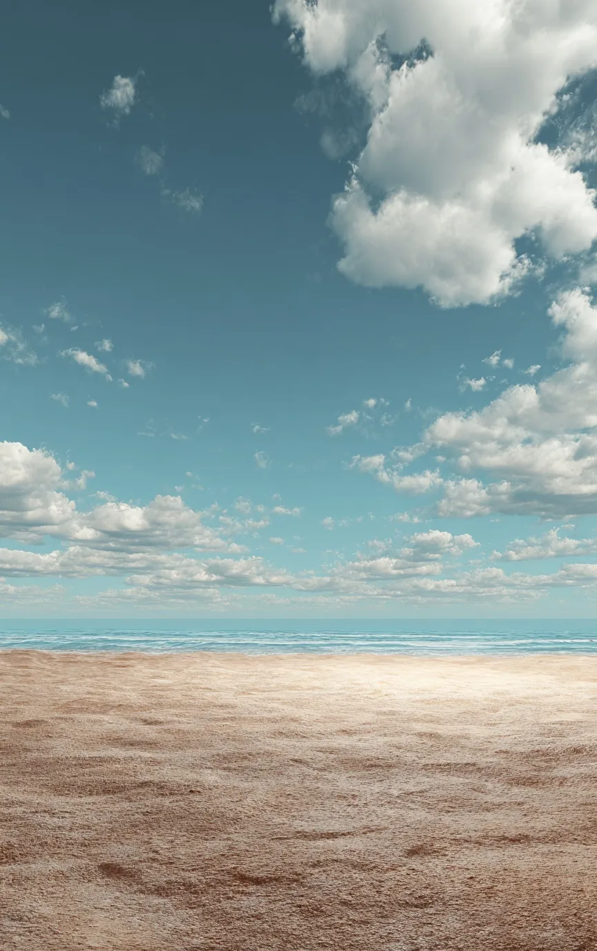 3D center mockup of a realistic brown sand beach texture against a clear summer sky, 8k resolution.