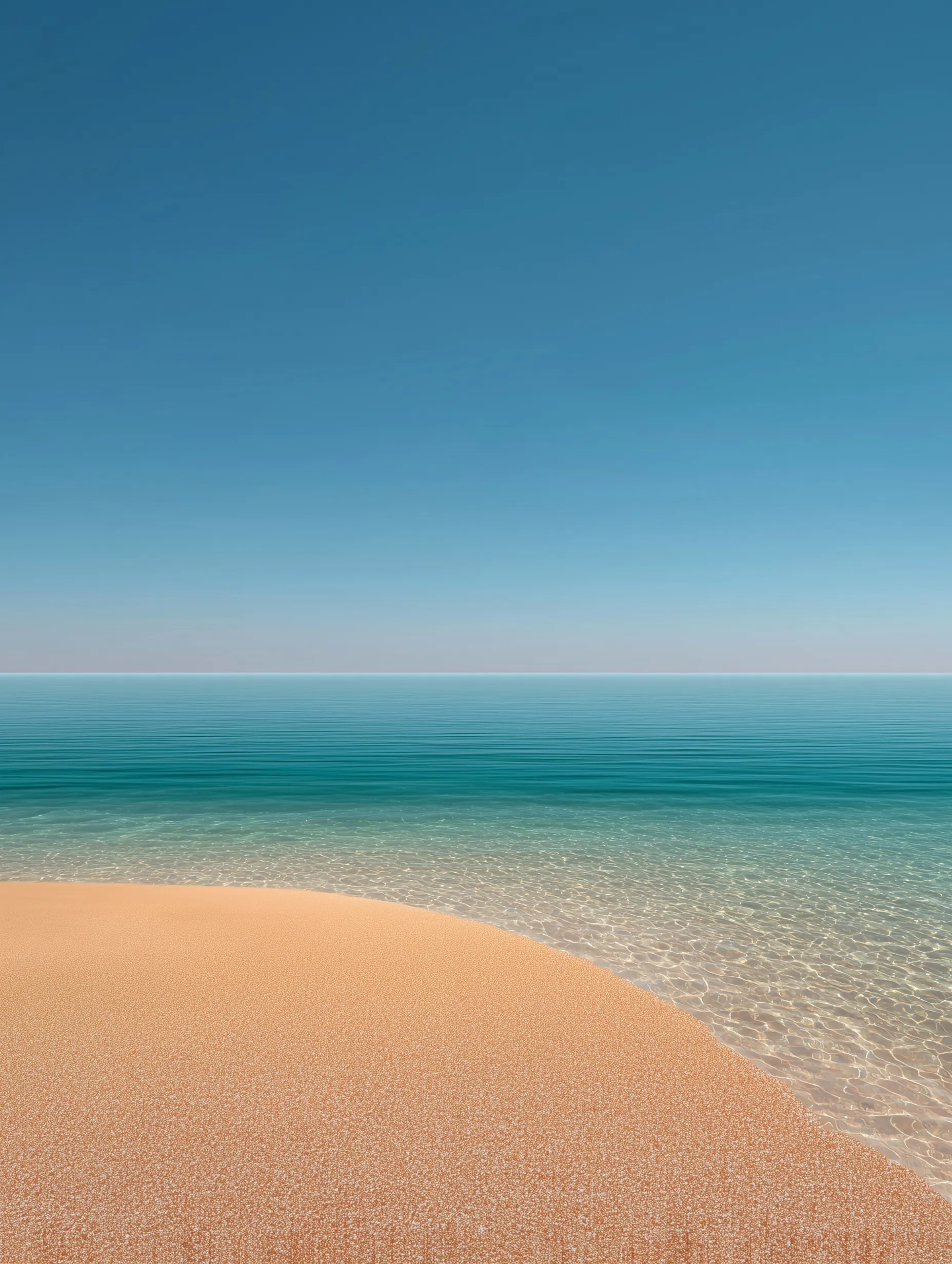 Empty sandy beach with calm water and a clear blue sky, natural realistic seaside landscape wallpaper.