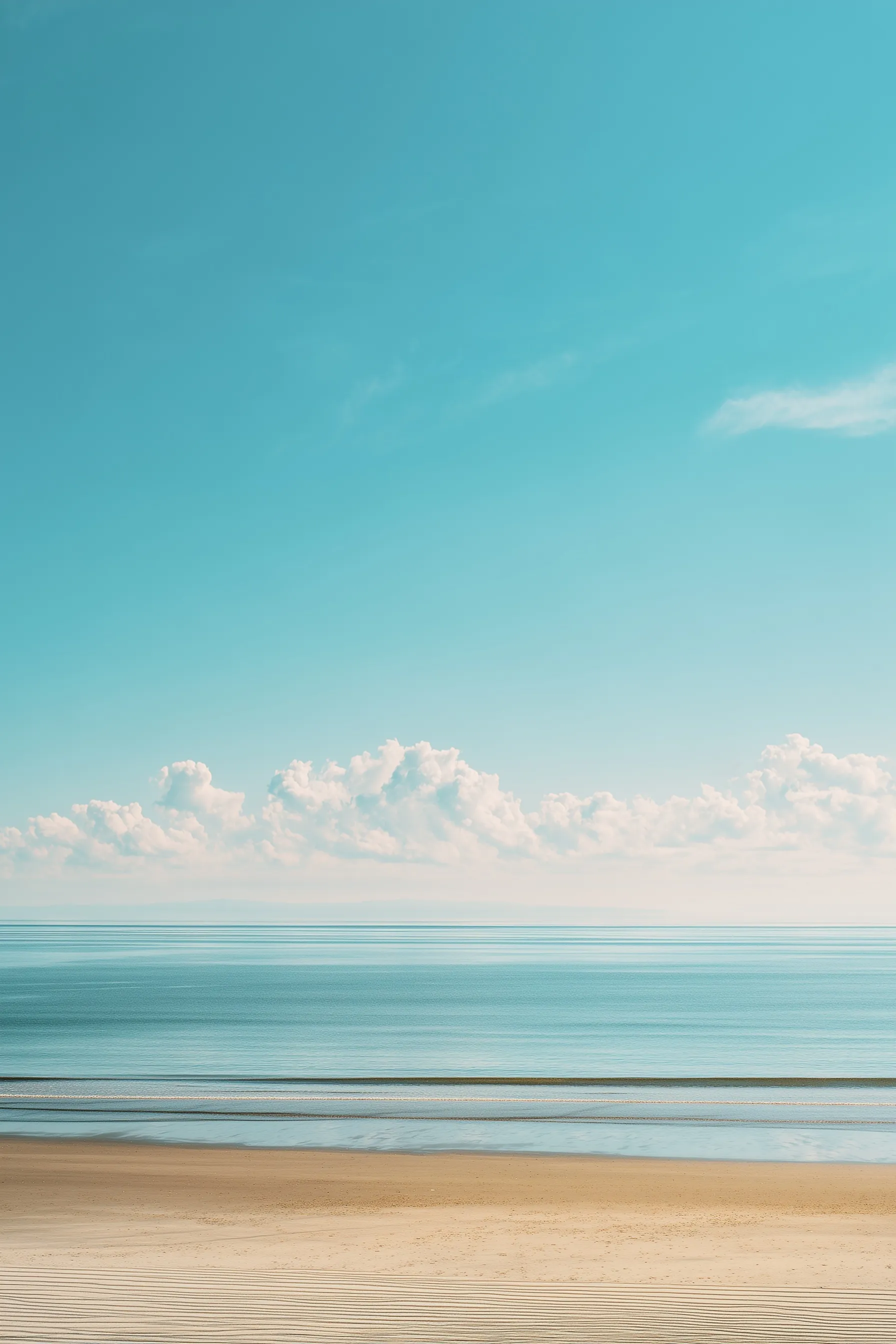 Empty tropical beach with calm ocean, smooth sand, and vast clear sky in a peaceful, cinematic natural landscape.