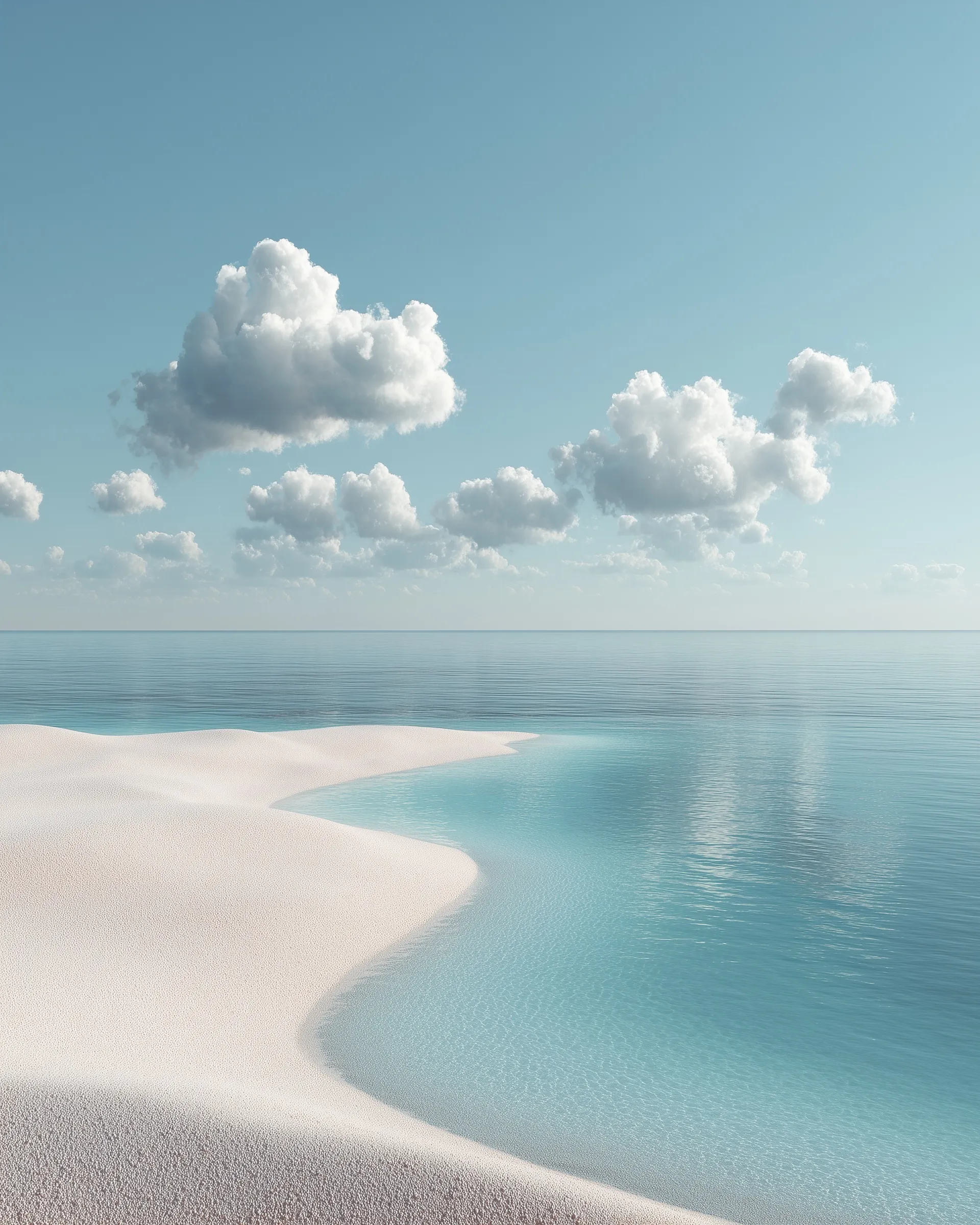 Minimalist summer beach scene with white sand, blue sea, and clear sky, perfect for clean background design.