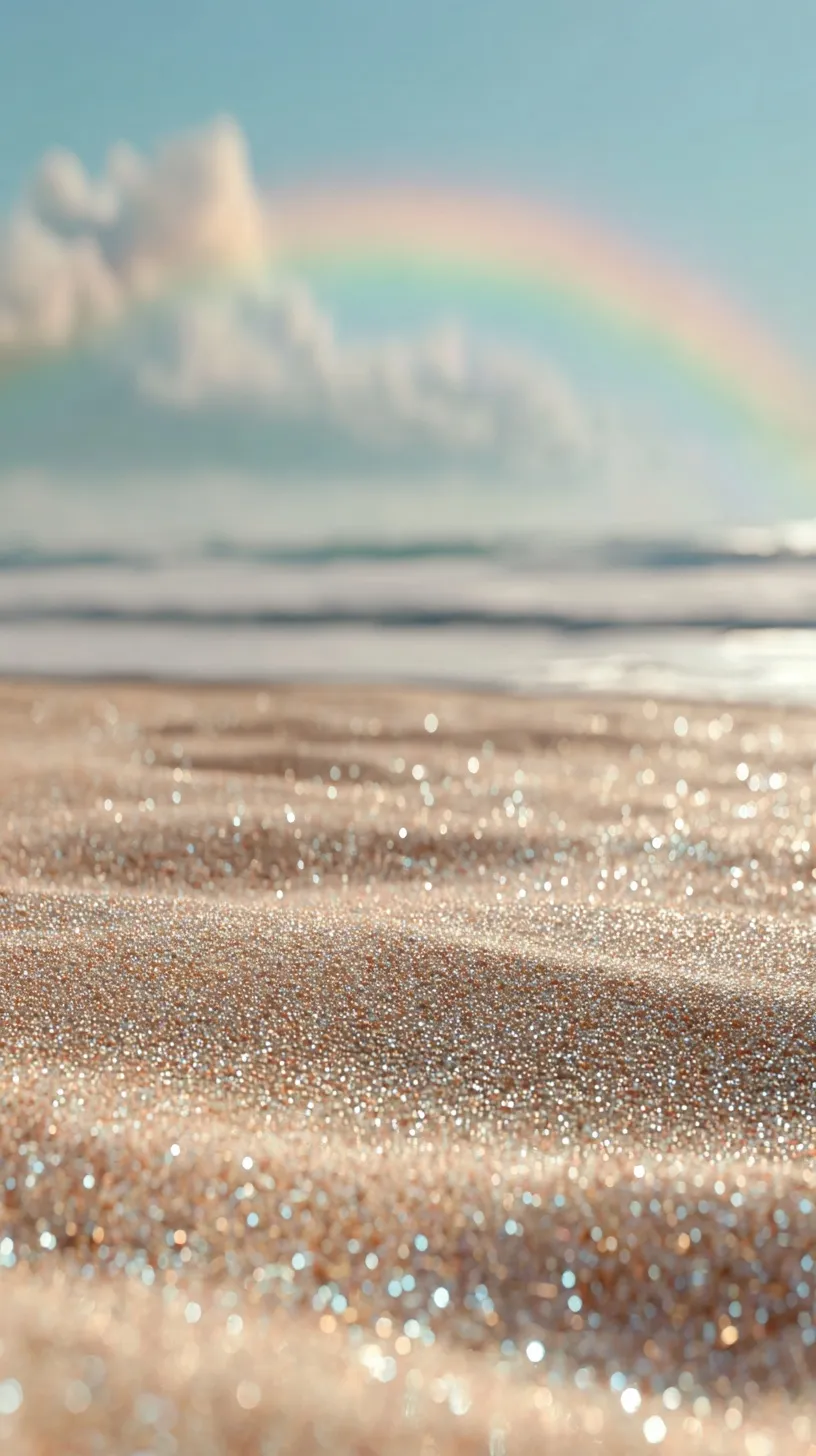 A dreamy, hyper-realistic 3D render of a sparkling sandy beach under a soft pastel sky with a distant rainbow.