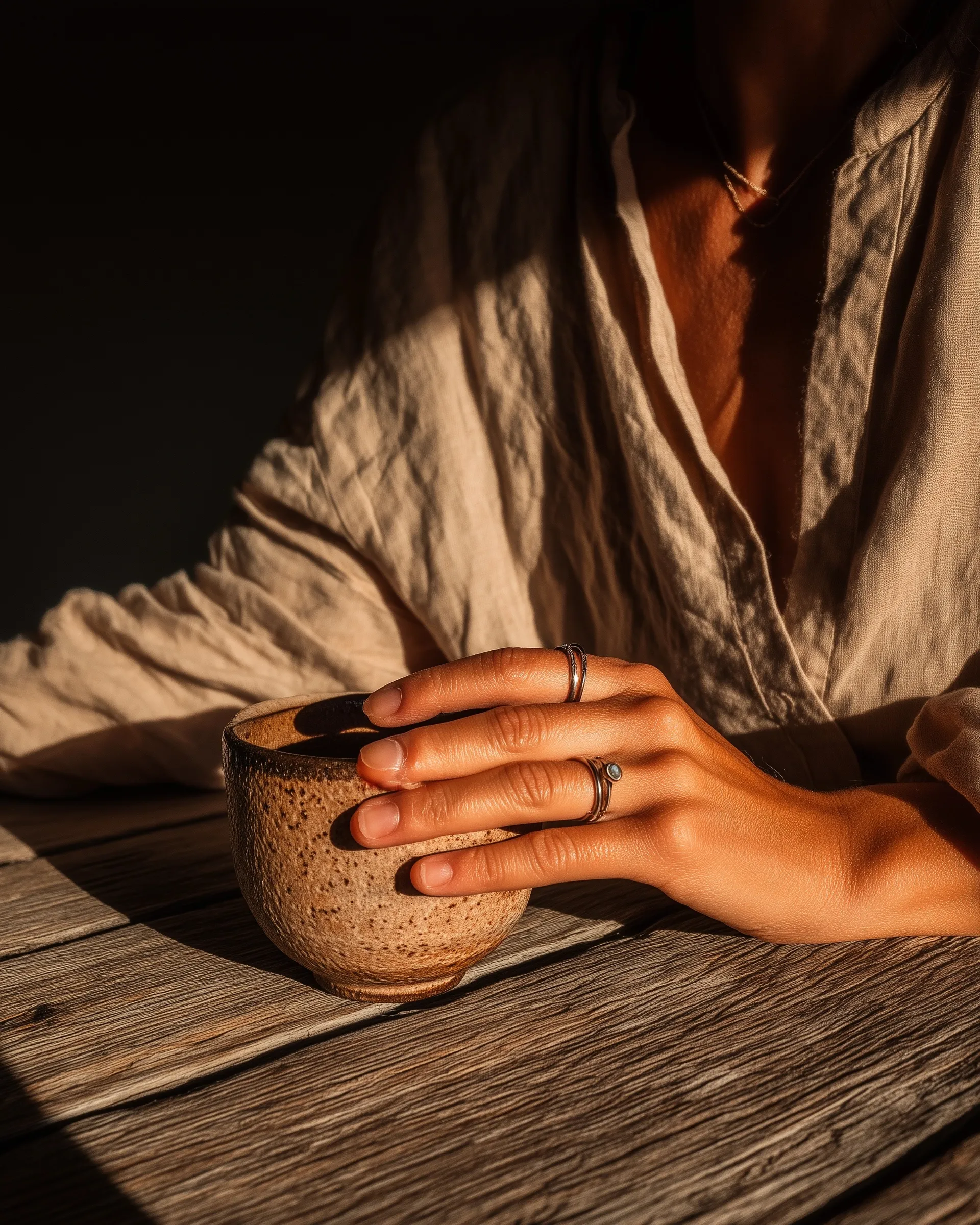 A woman in a linen shirt holding a sunlit ceramic coffee mug on a rustic wooden table with a minimalist aesthetic.