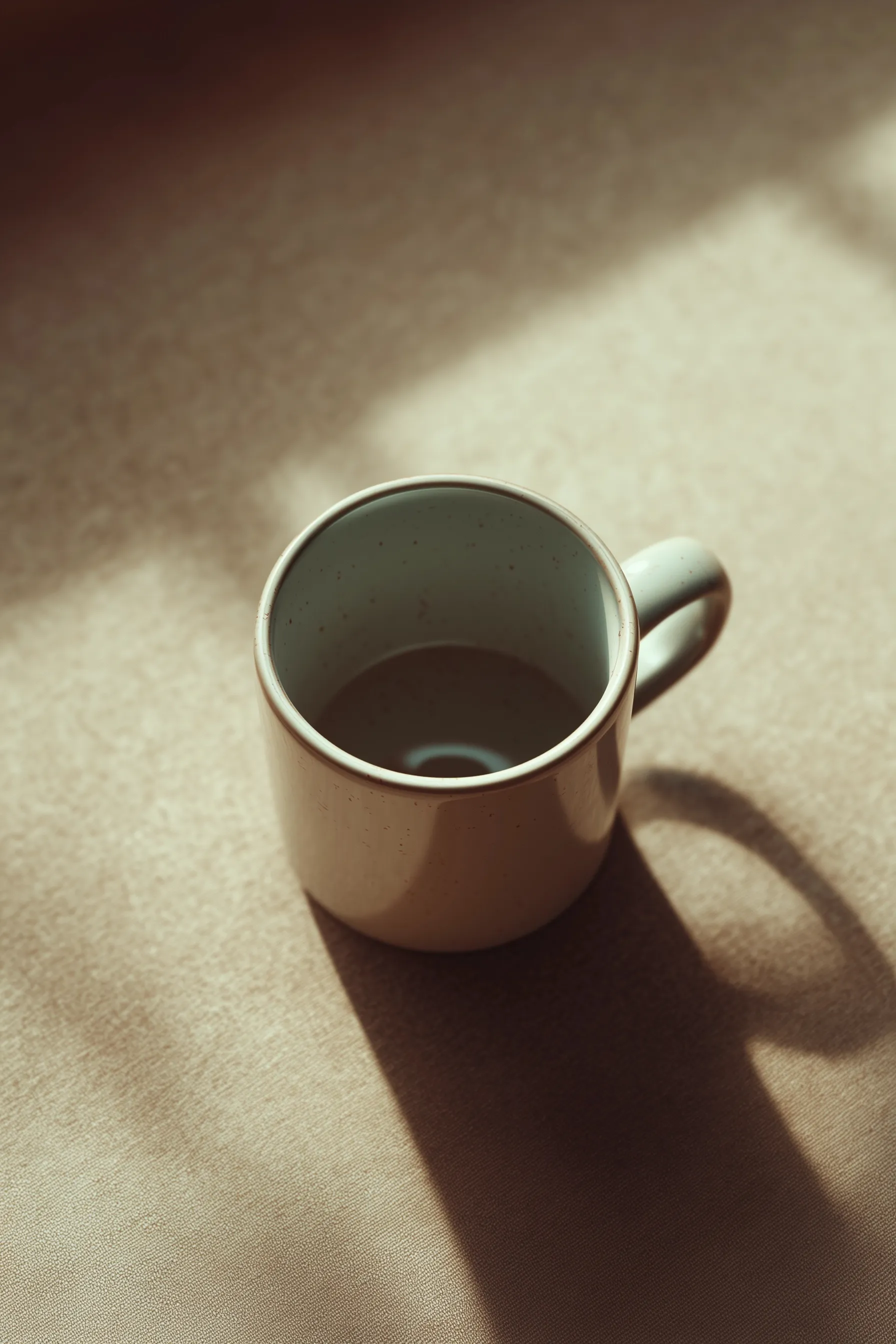 Top-down view of an empty white ceramic coffee mug on a clean, minimalist surface with soft, cozy lighting.