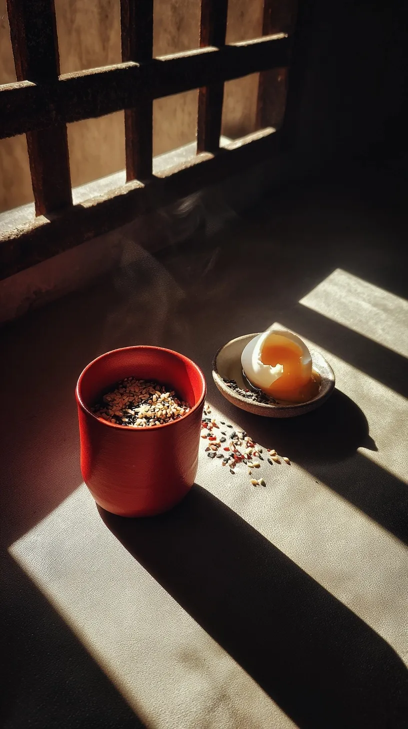Steaming red clay coffee mug with a soft-boiled egg and golden yolk in morning sunlight by a lattice window.