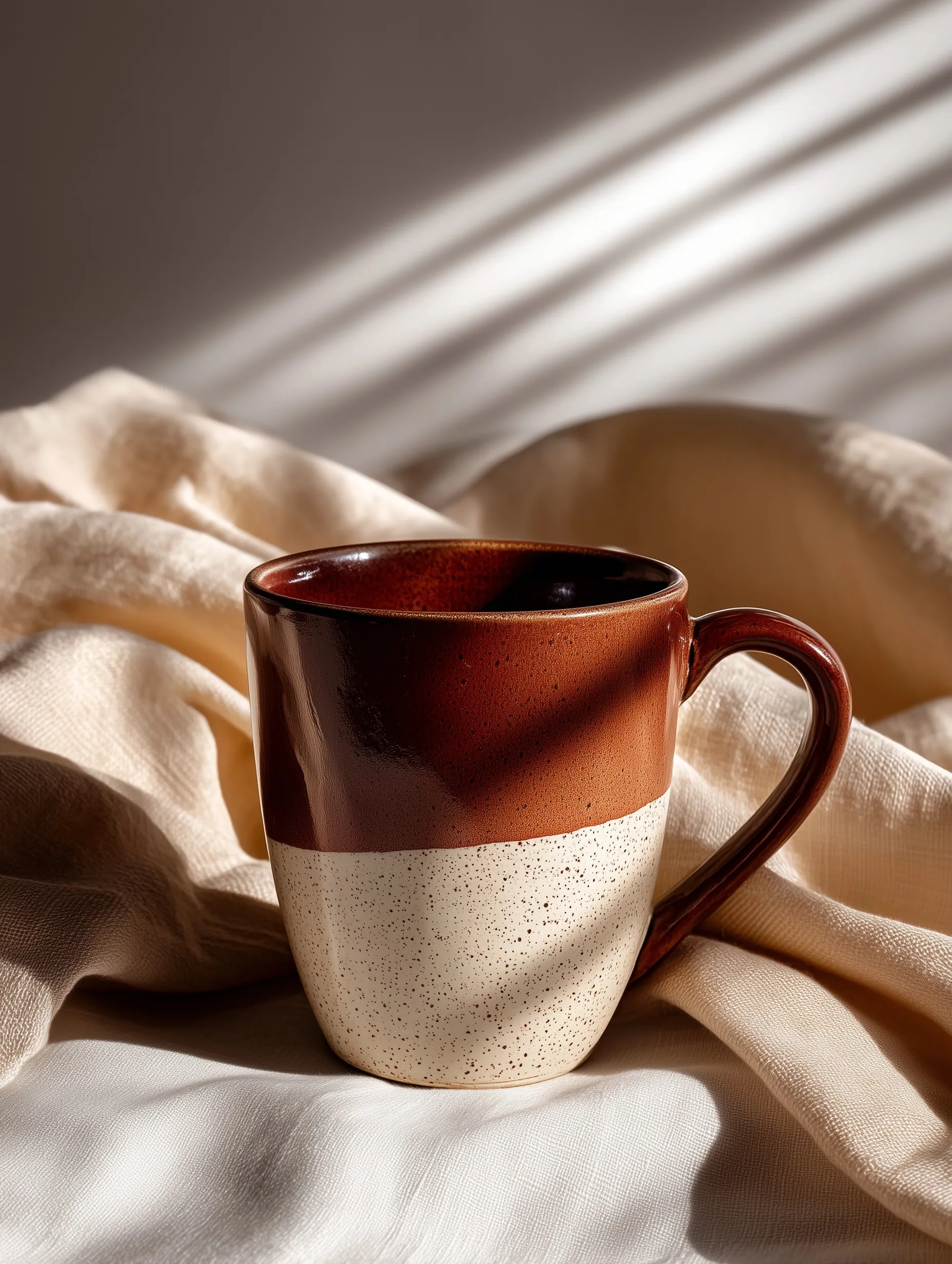 Extreme close-up of a rustic ceramic sun mug in earthy clay and olive tones on a textured wooden surface.
