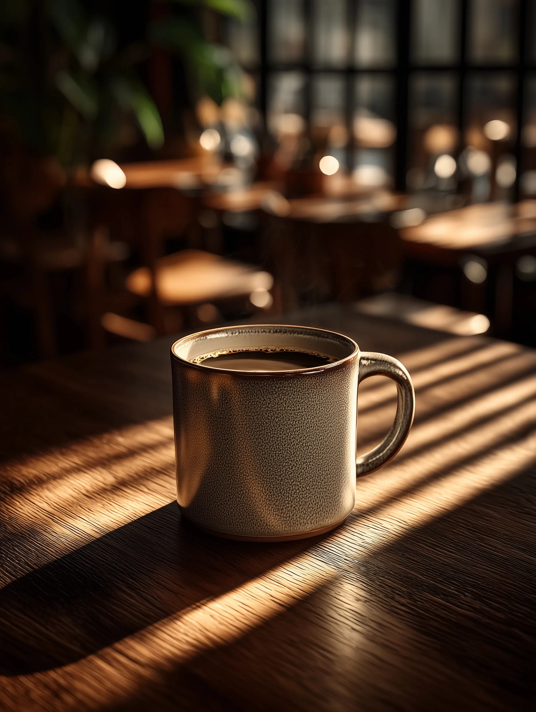A ceramic coffee mug sits on a wooden cafe table during golden hour with soft sunlight and a cozy atmosphere.