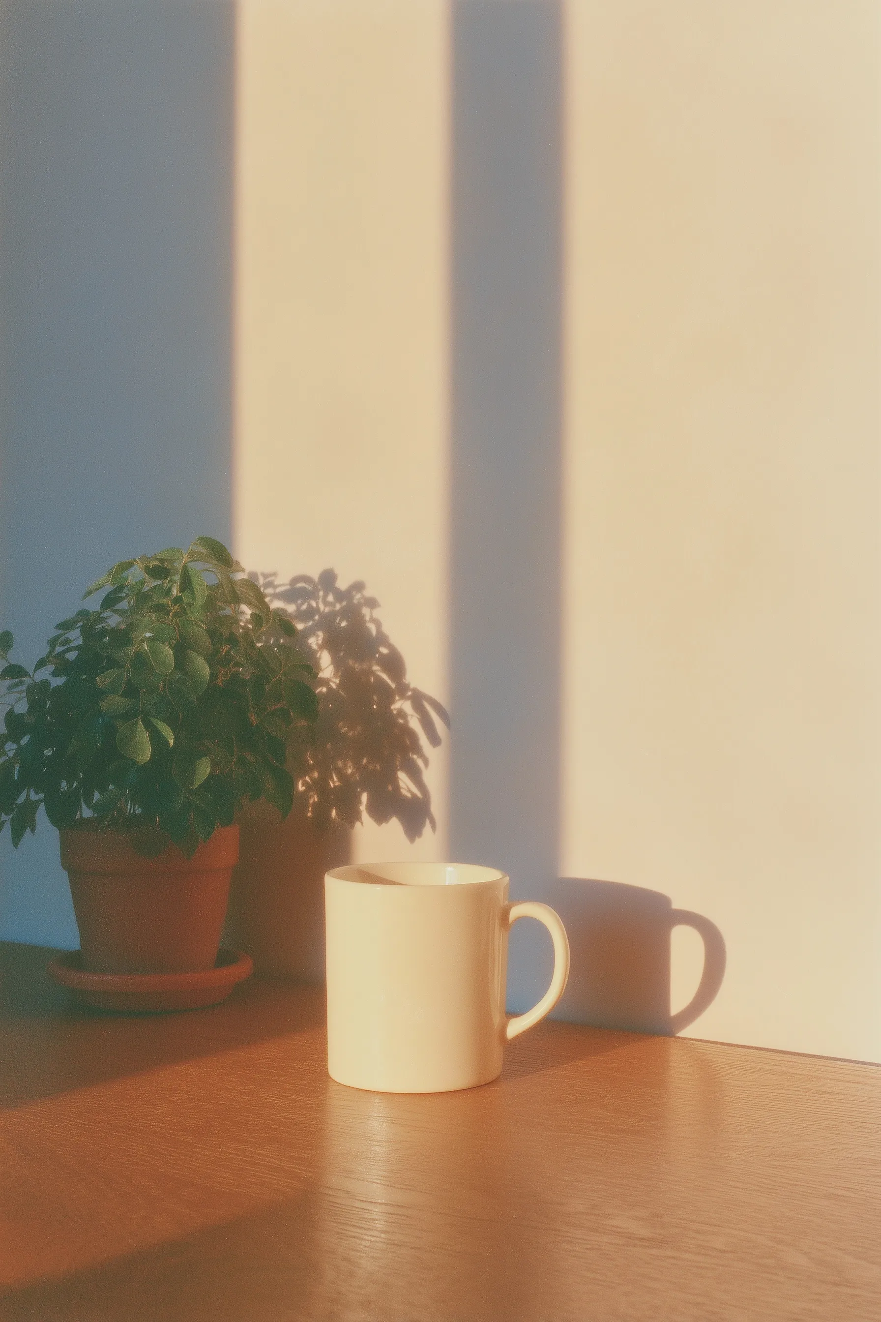 A ceramic coffee mug holding a small green plant sitting on a wooden desk bathed in warm morning sunlight.