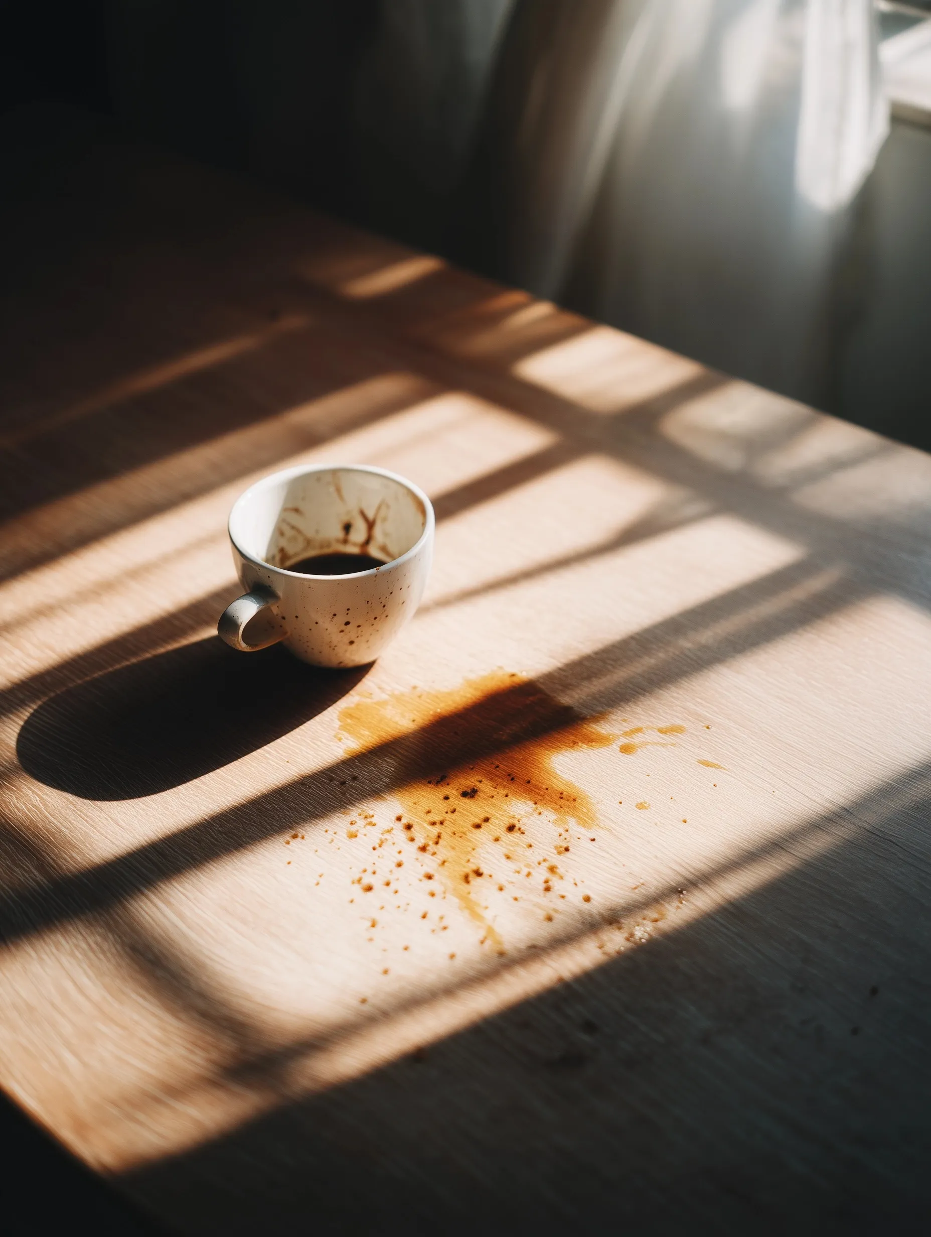 A spilled ceramic coffee mug with dark roast dripping on a table under dramatic cinematic side lighting.