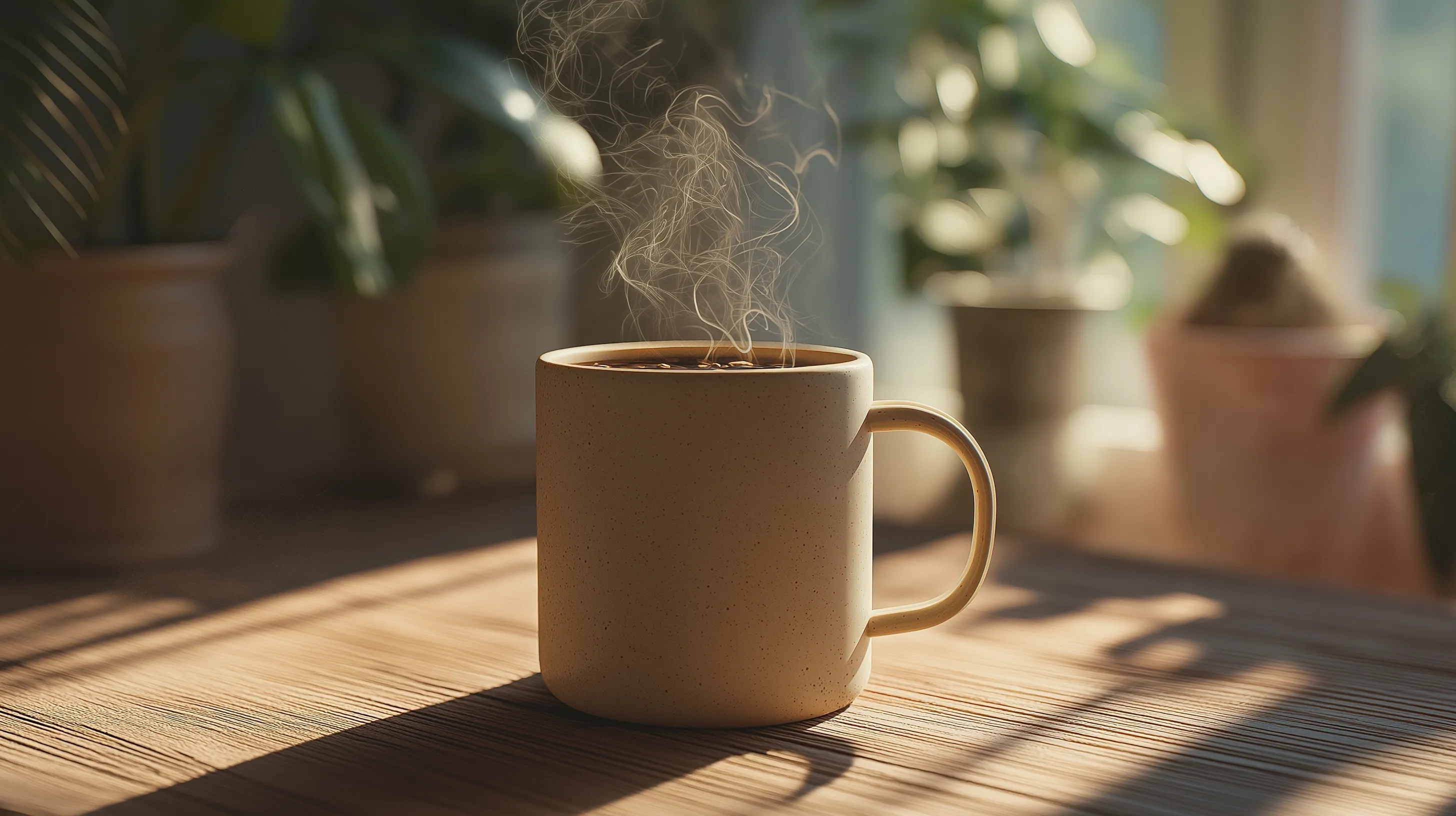 Steaming barley tea in a ceramic mug on a rustic wooden table with soft, cozy lighting.