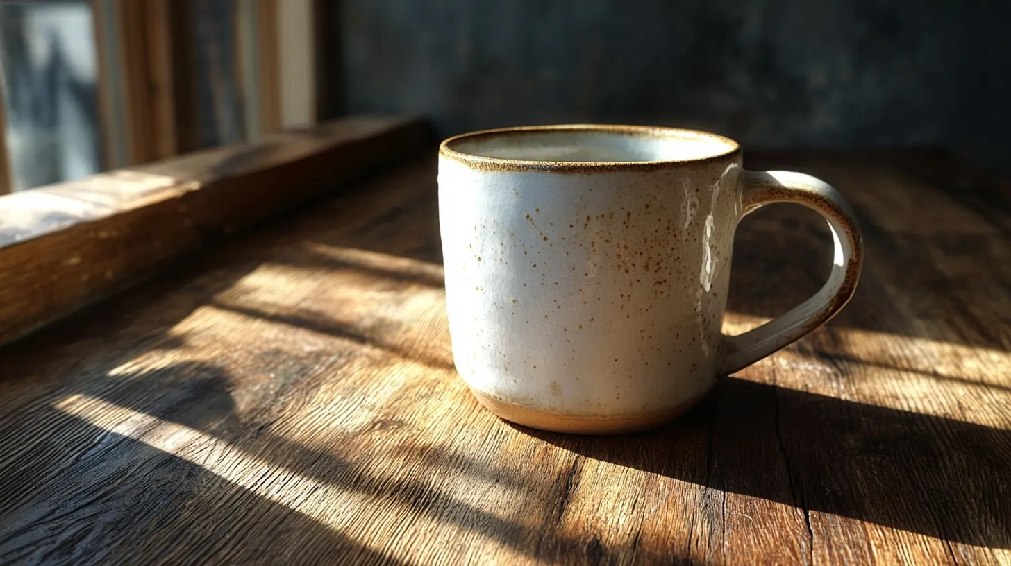 A white porcelain coffee mug on a rustic wooden table, illuminated by warm golden hour sunlight.