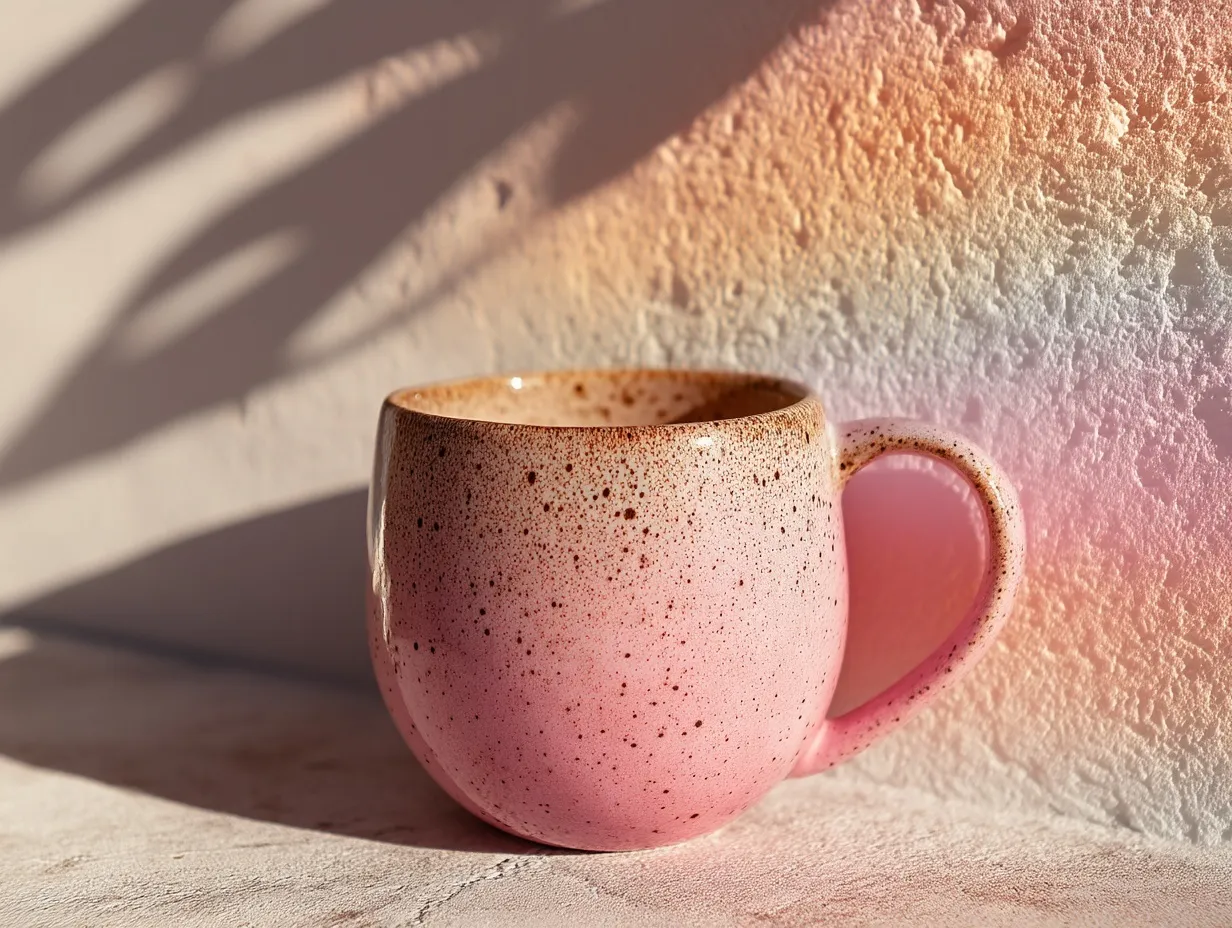 A close-up of a stylish ceramic coffee mug illuminated by soft, aesthetic pastel lighting.