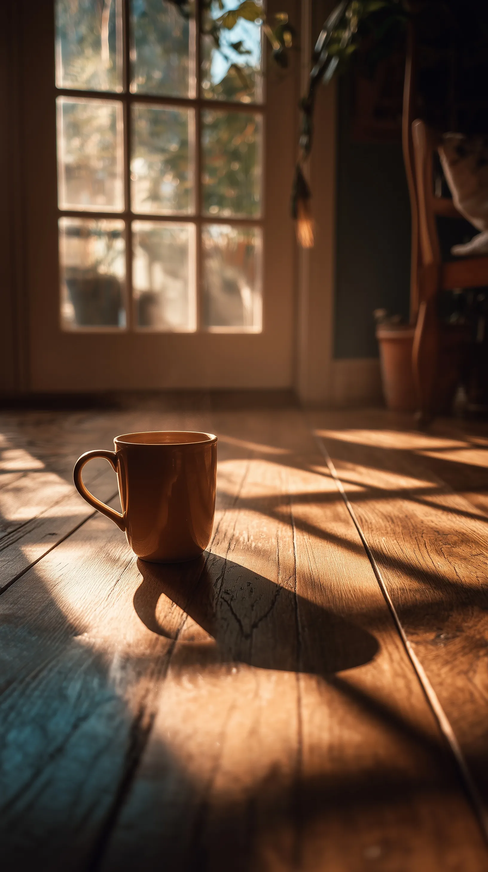 A warm ceramic mug of tea sitting on a wooden floor in soft, natural window sunlight with minimalist shadows.