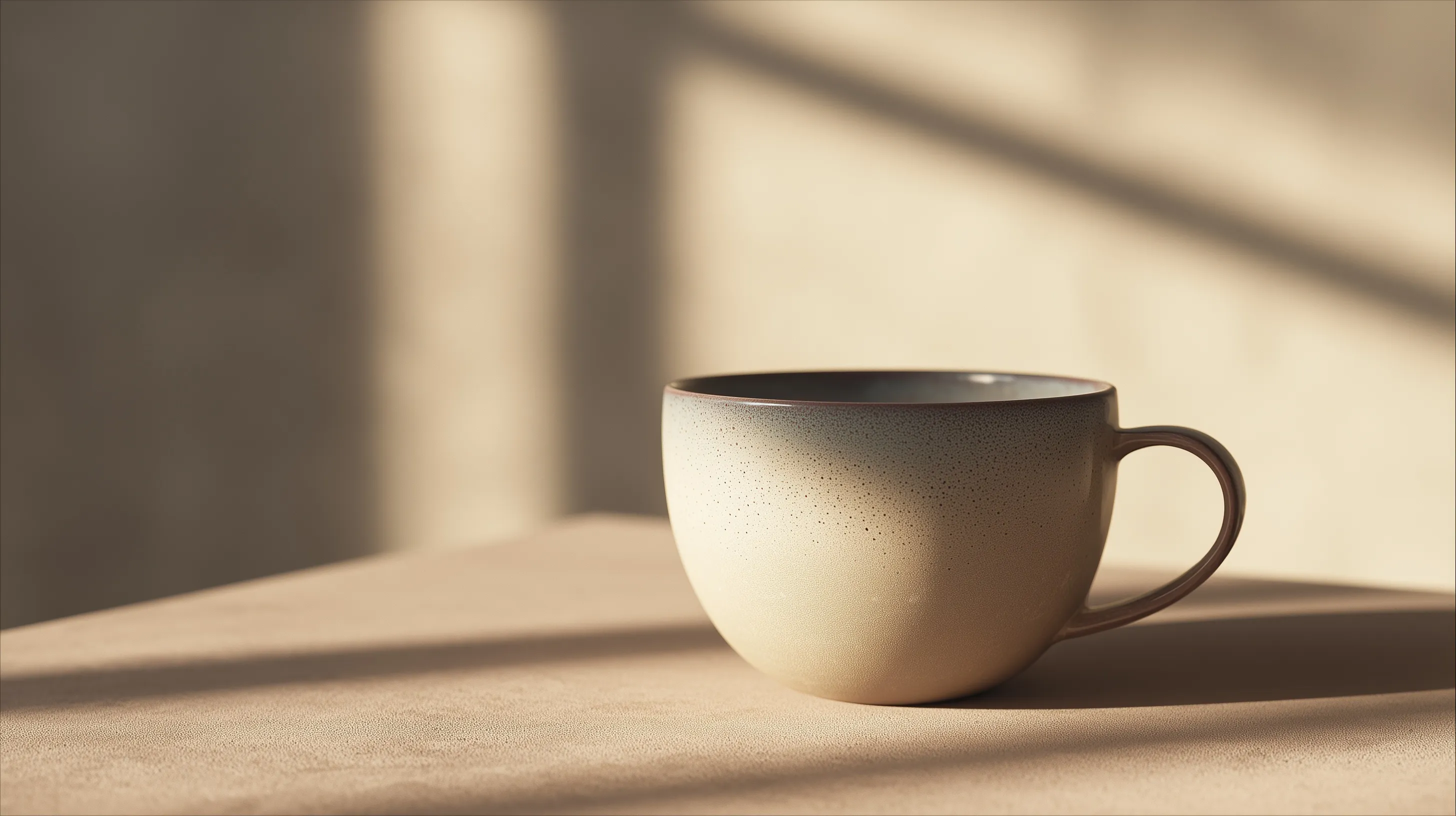 Minimalist ceramic coffee mug on a warm beige table with soft lighting, symbolizing a tranquil morning routine.