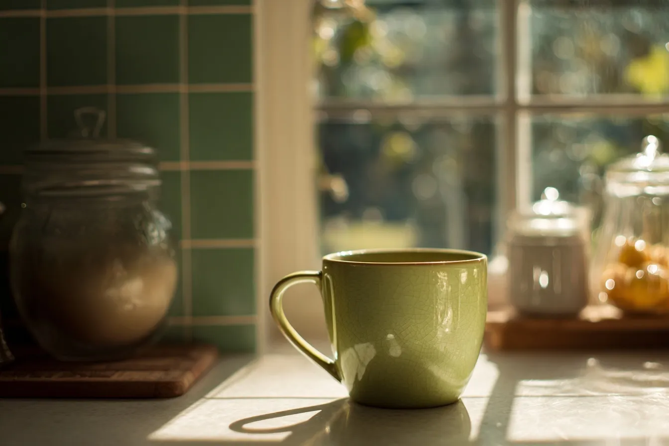 Olive green kitchen scene with a ceramic sun mug on a counter, illuminated by soft morning sunlight from a window.