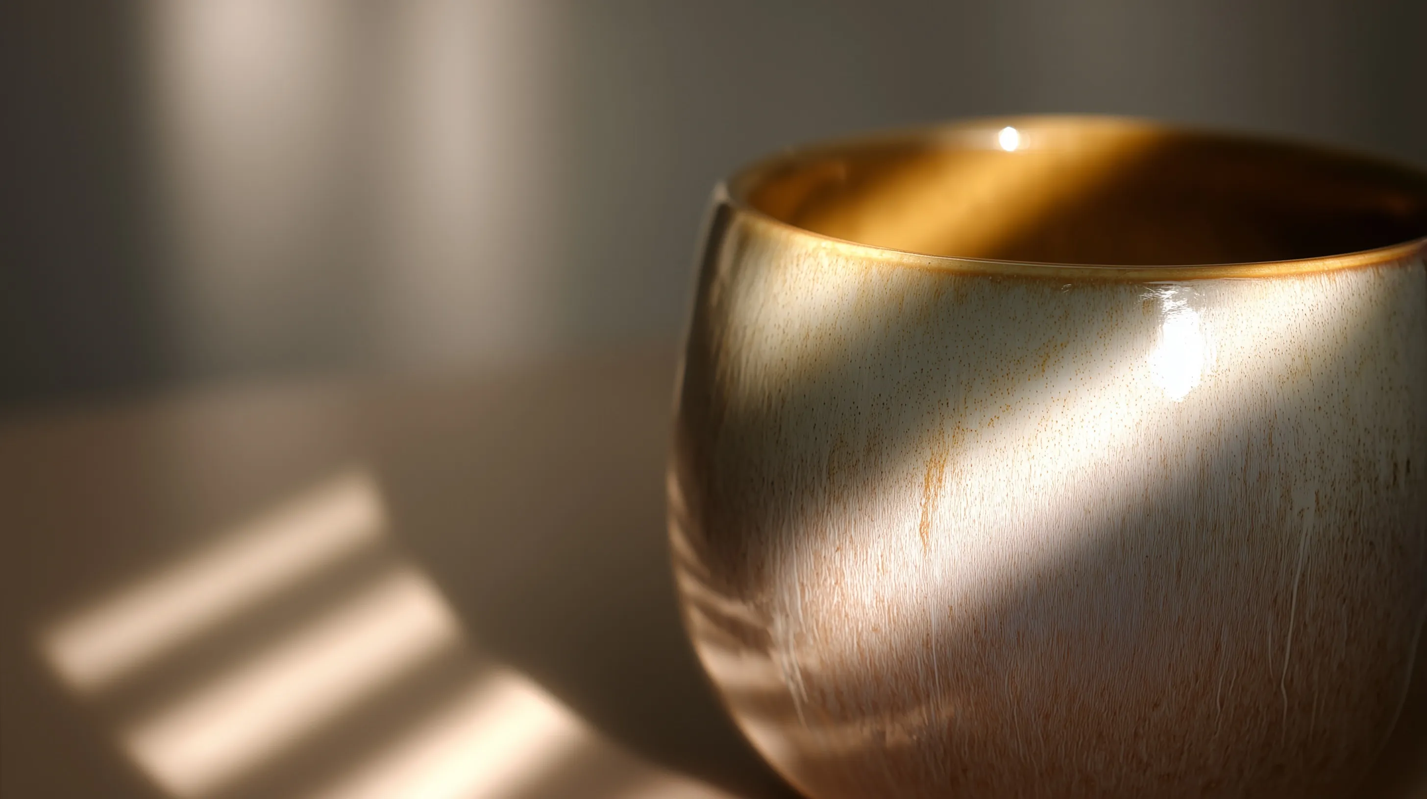 A smooth ceramic coffee mug sitting in soft, dappled sunlight with glowing highlights on its glossy surface.