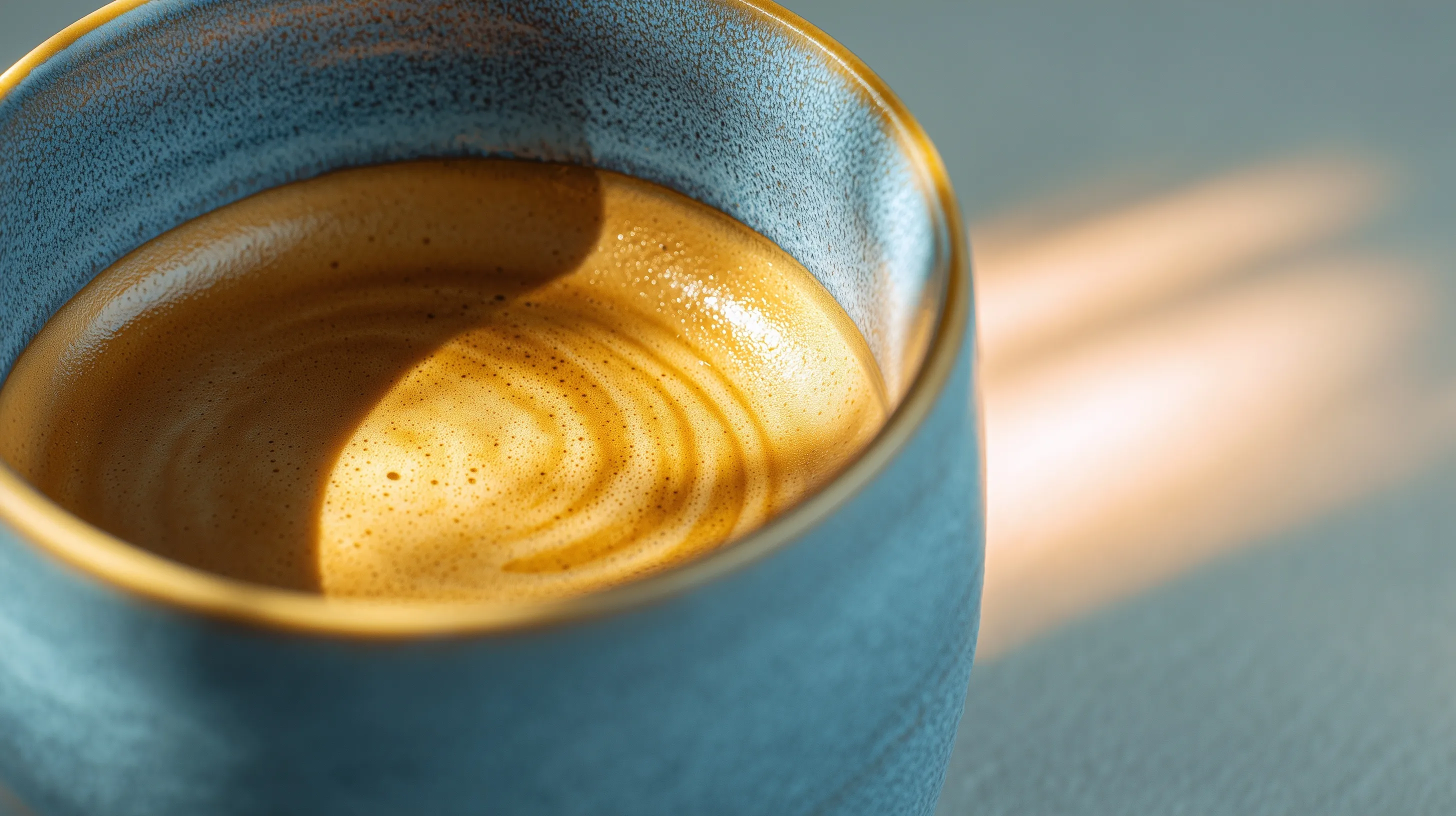Close-up of a powder blue ceramic espresso cup with golden crema in a minimalist Scandinavian style, copy space.