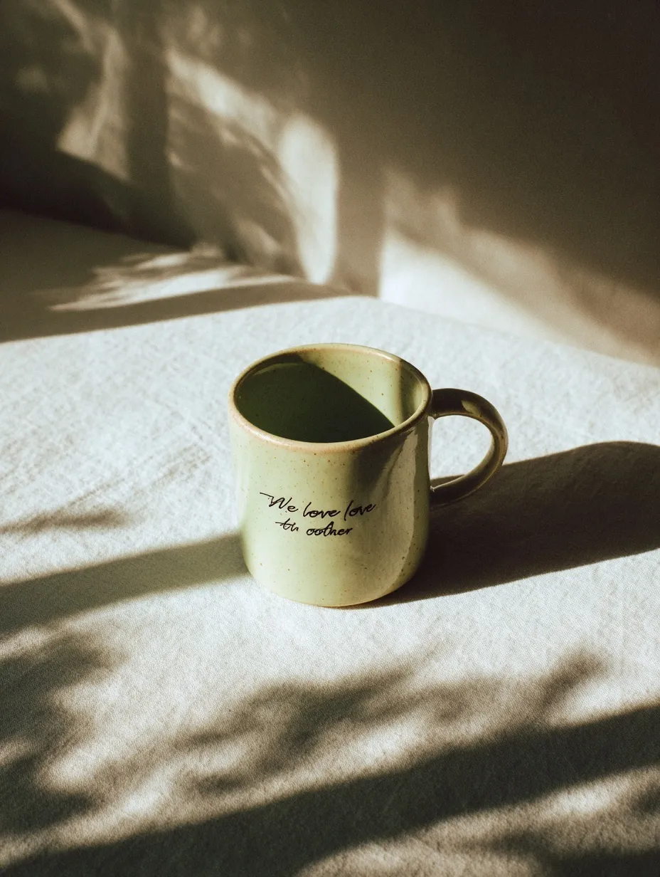 A light green ceramic coffee mug with hand-drawn graffiti on a white tablecloth, bathed in sunlight and shadows.