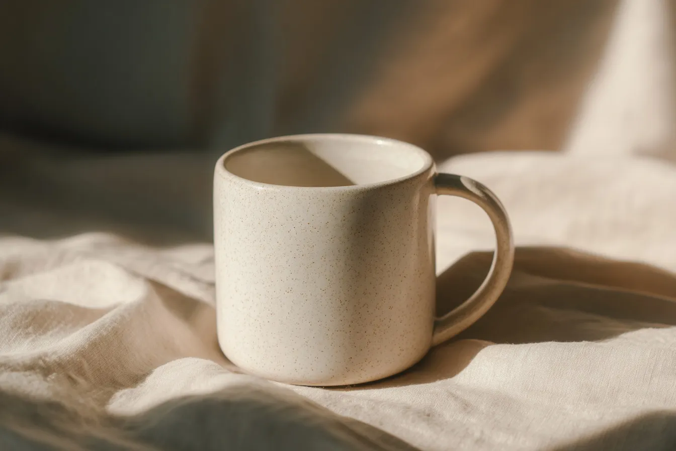 A minimalist ceramic coffee mug mockup featuring cozy sunlight and soft professional studio lighting.