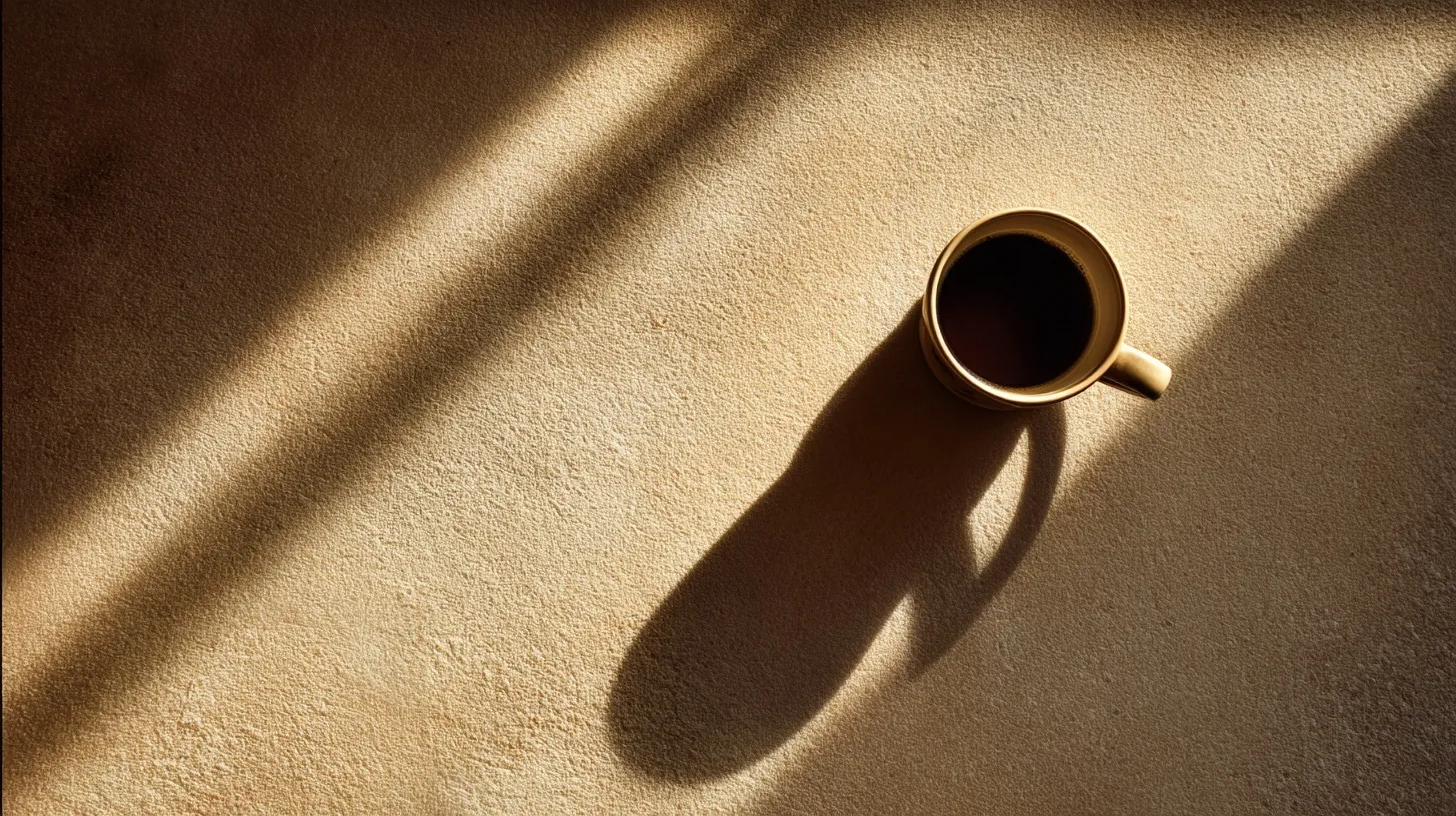 A minimalist ceramic coffee mug on a cream surface with soft golden light and long shadows, evoking tranquility.