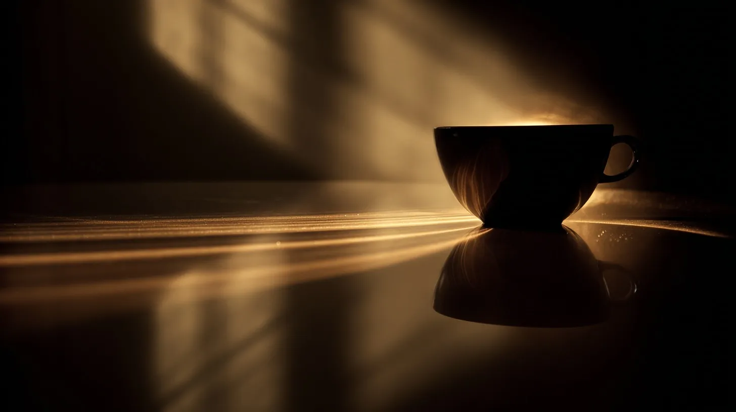 A sleek ceramic coffee mug with soft indoor lamp light reflecting off its smooth, glazed surface.