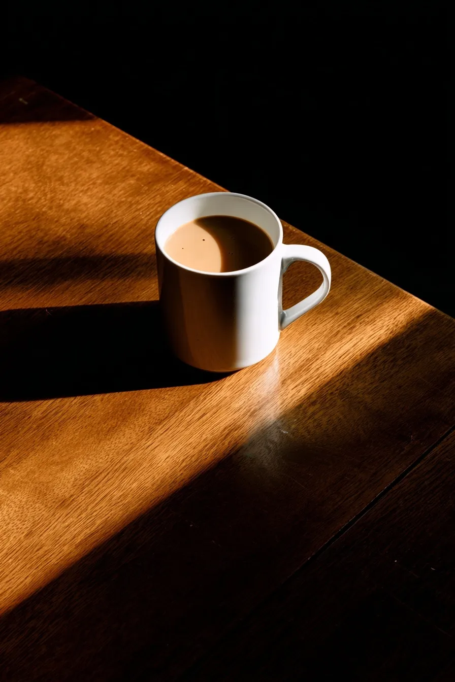 A moody ceramic coffee mug with light brown coffee on a textured wooden surface against a black background.