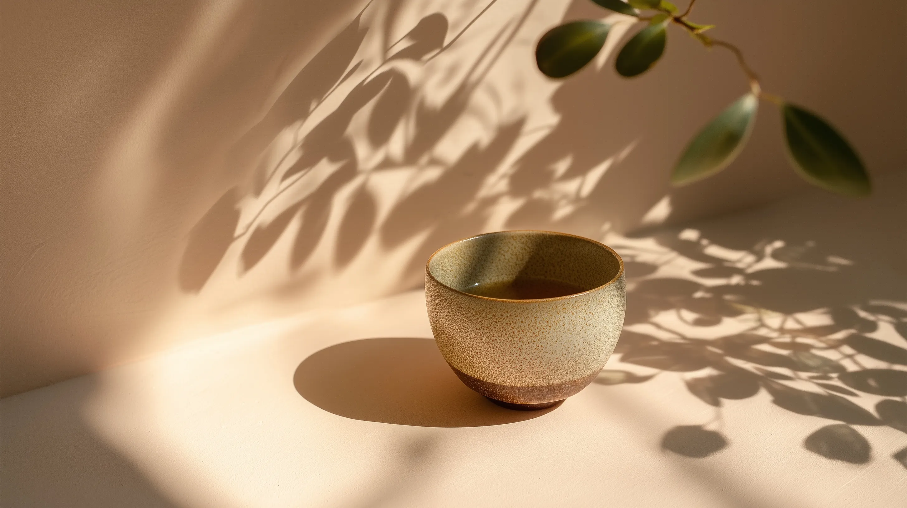 Minimalist ceramic teacup on an ivory surface with soft morning sunlight and delicate leaf shadows.