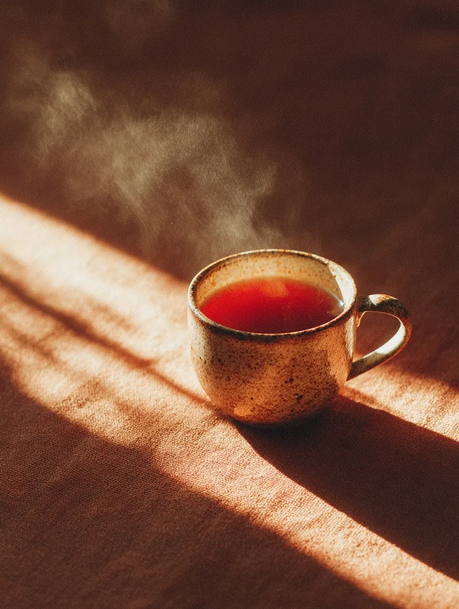 Overhead shot of a ceramic coffee mug with red tea, steam, and sunlight on an elegant minimalist table.
