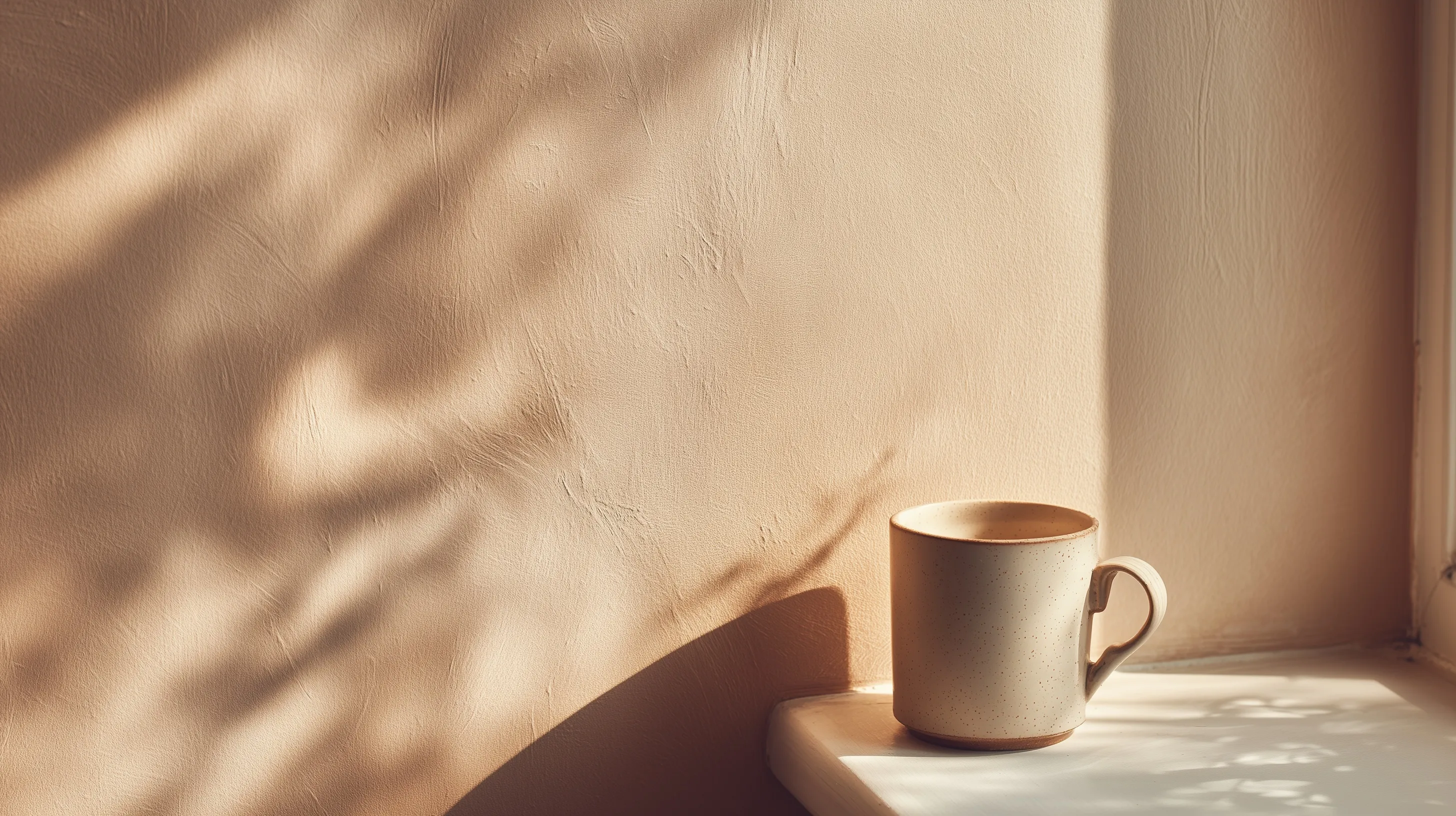 A ceramic coffee mug sits on a surface with warm golden hour sunlight, soft shadows, and minimalist beige decor.