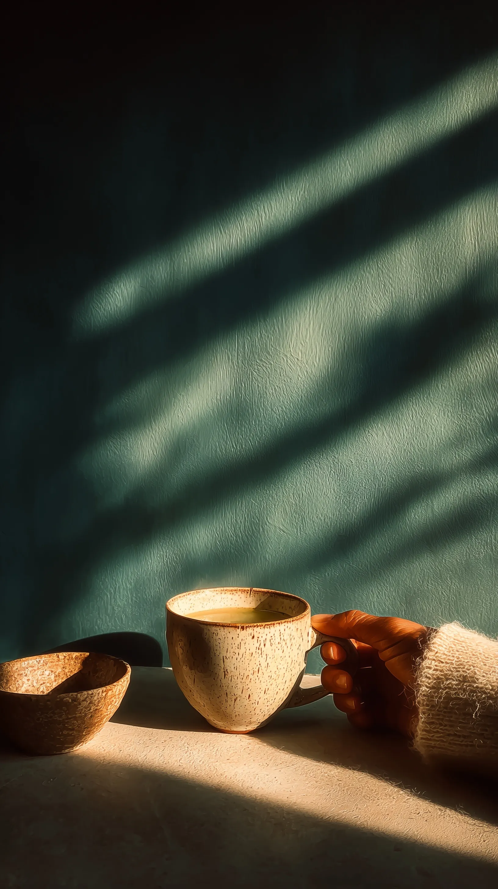 A person’s hand reaching for a sun ceramic coffee mug in a softly lit, minimalist kitchen with morning light.
