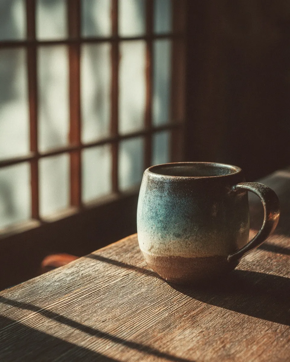 A ceramic coffee mug on a wooden table with soft sunlight through a shoji window in a cozy Japanese cafe setting.