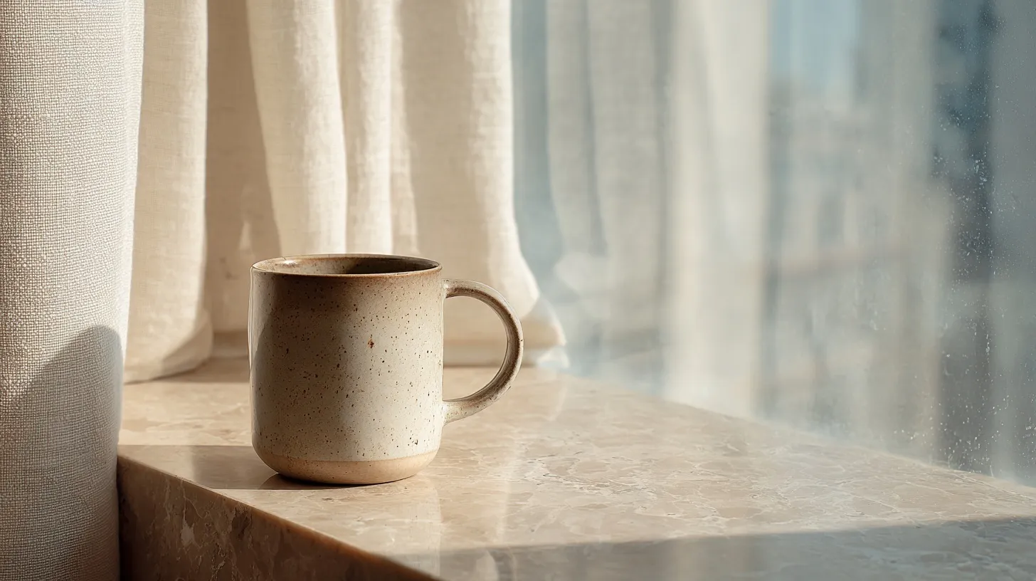 Slim minimalist ceramic coffee mug steaming on a beige marble hotel window sill with white linen curtains.