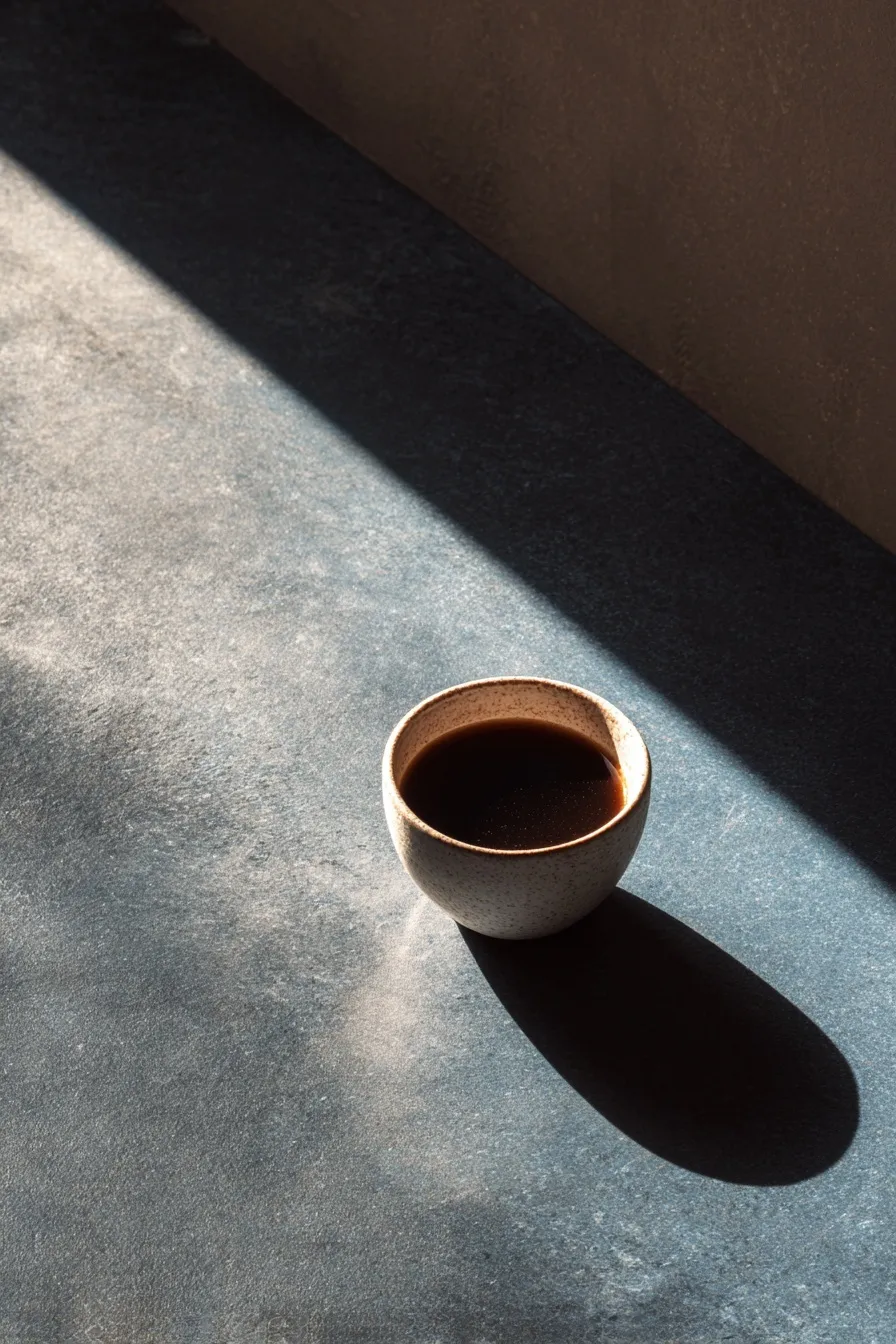 A matte ceramic coffee mug on a slate surface with dramatic side lighting and a minimalist gray-to-blue background.