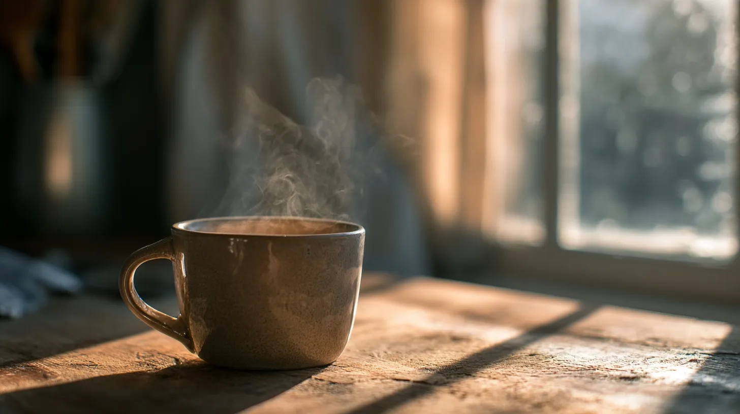 A steaming ceramic coffee mug on a wooden kitchen counter in soft morning sunlight with a blurred bokeh background.
