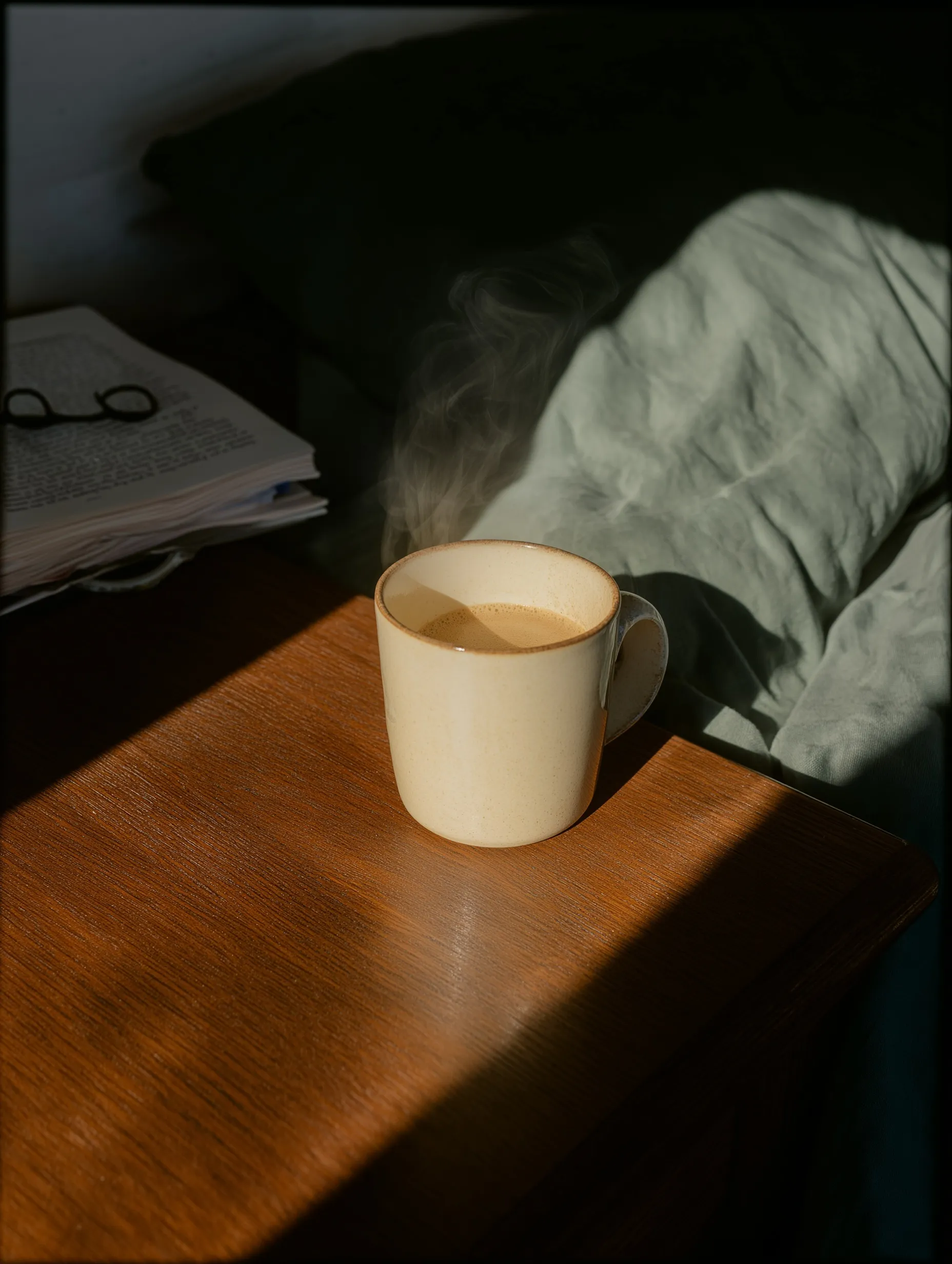 Steam rises from a ceramic coffee mug on a rustic wooden nightstand with a book and glasses in soft morning light.