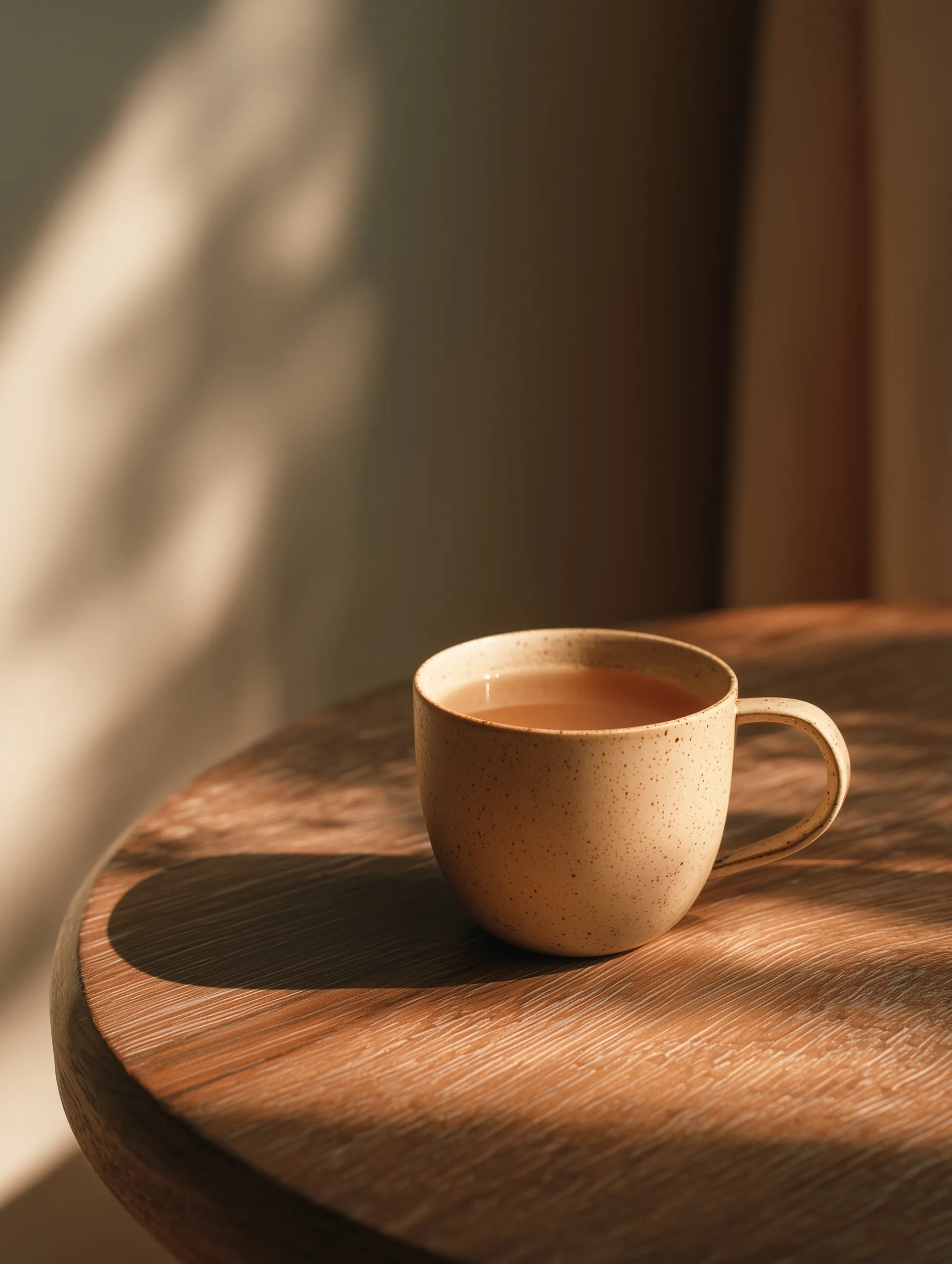 A steaming ceramic mug of tea on a rustic wooden table in a sunlit, peaceful room with warm beige tones.