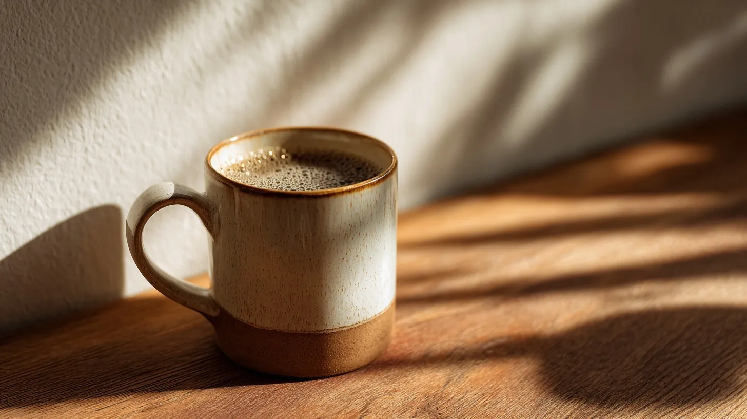 A ceramic coffee mug on a wooden table in soft morning sunlight, creating a peaceful, minimal lifestyle scene.