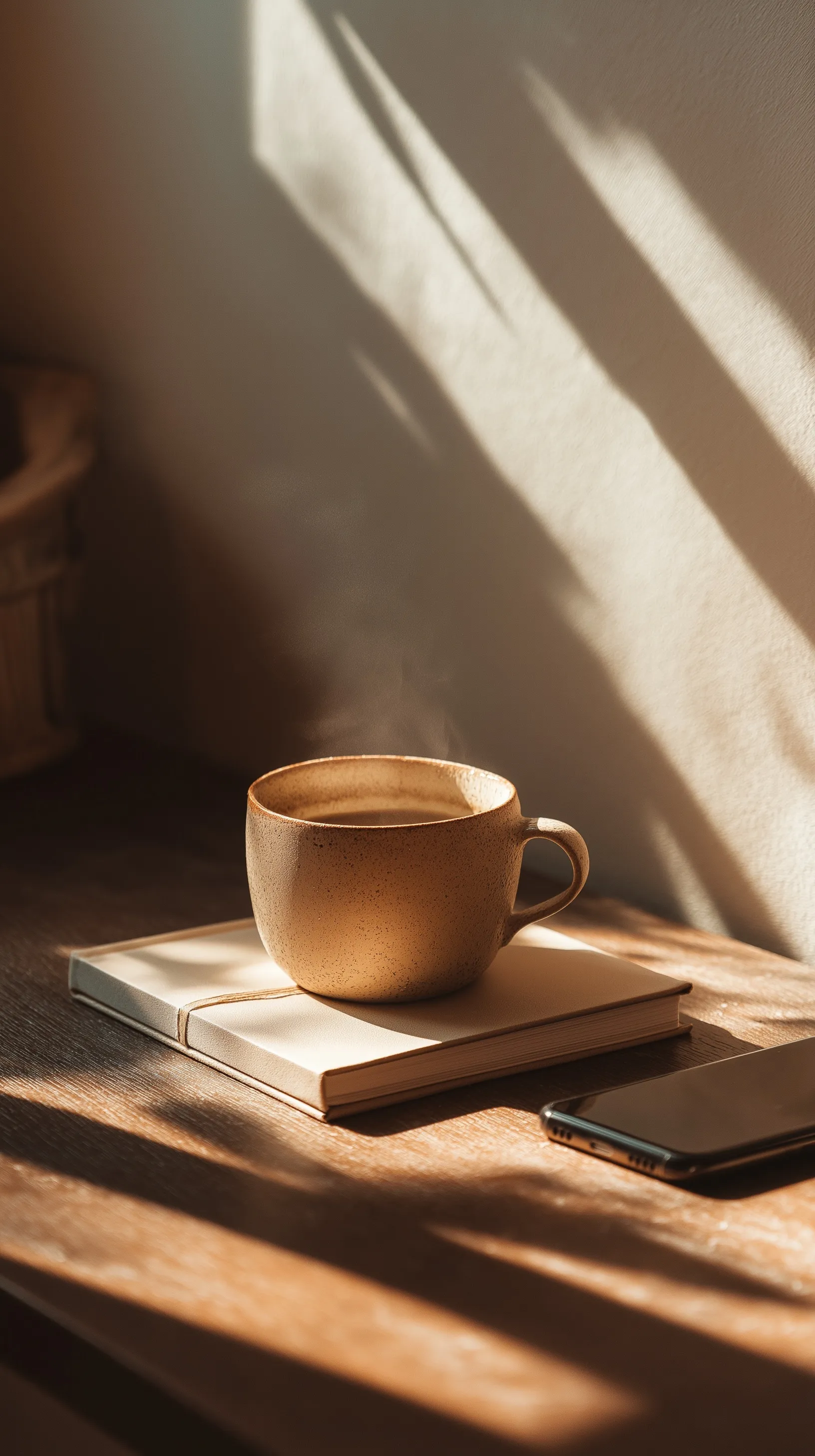 A premium ceramic coffee mug with steam on a minimal desk with a notebook and smartphone in warm morning light.