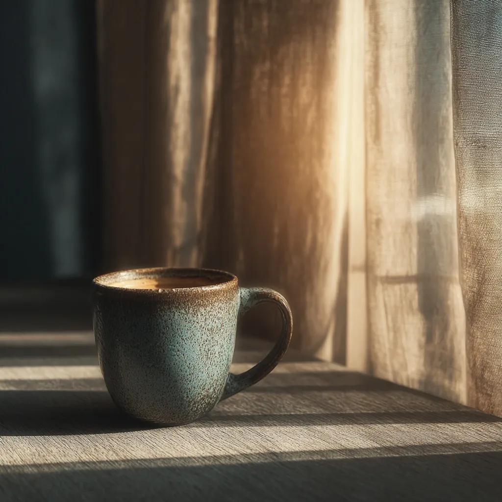 A ceramic coffee mug sitting on a wooden table in front of a window with soft light filtering through a curtain.
