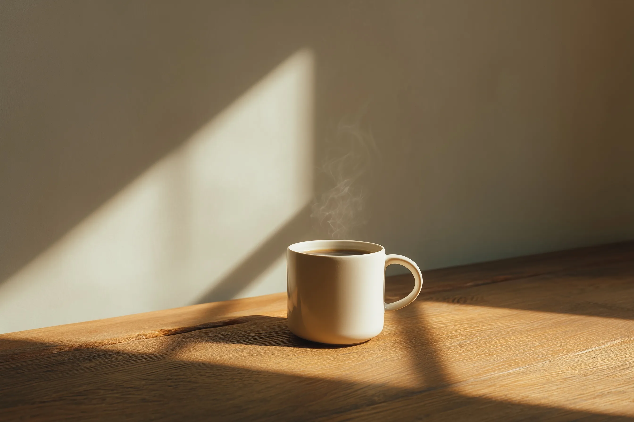 Minimalist white ceramic coffee mug on a wooden table with soft morning sunlight and realistic steam.