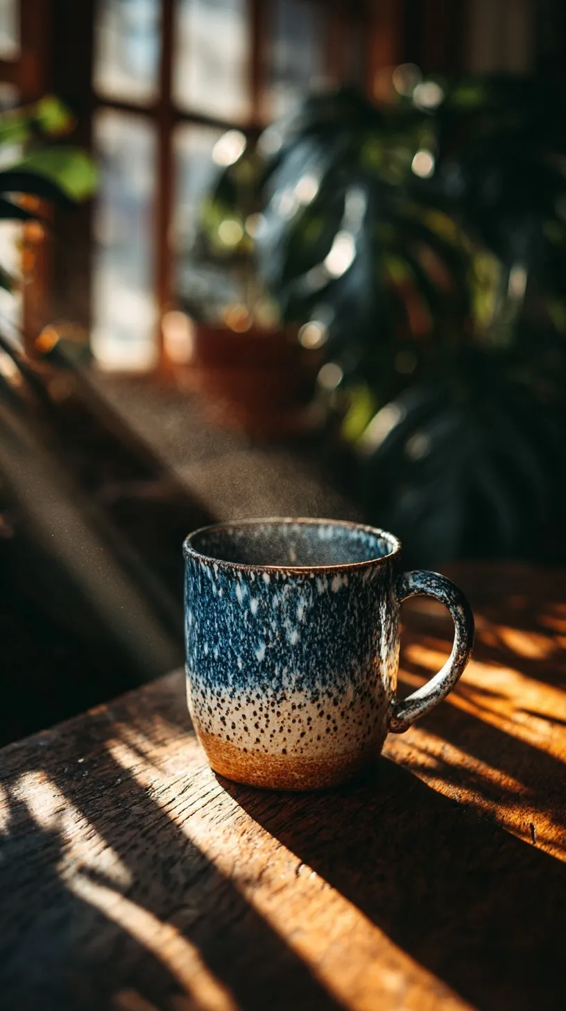 A whimsical sun-themed ceramic coffee mug sitting on a table in a dimly lit, cozy room.