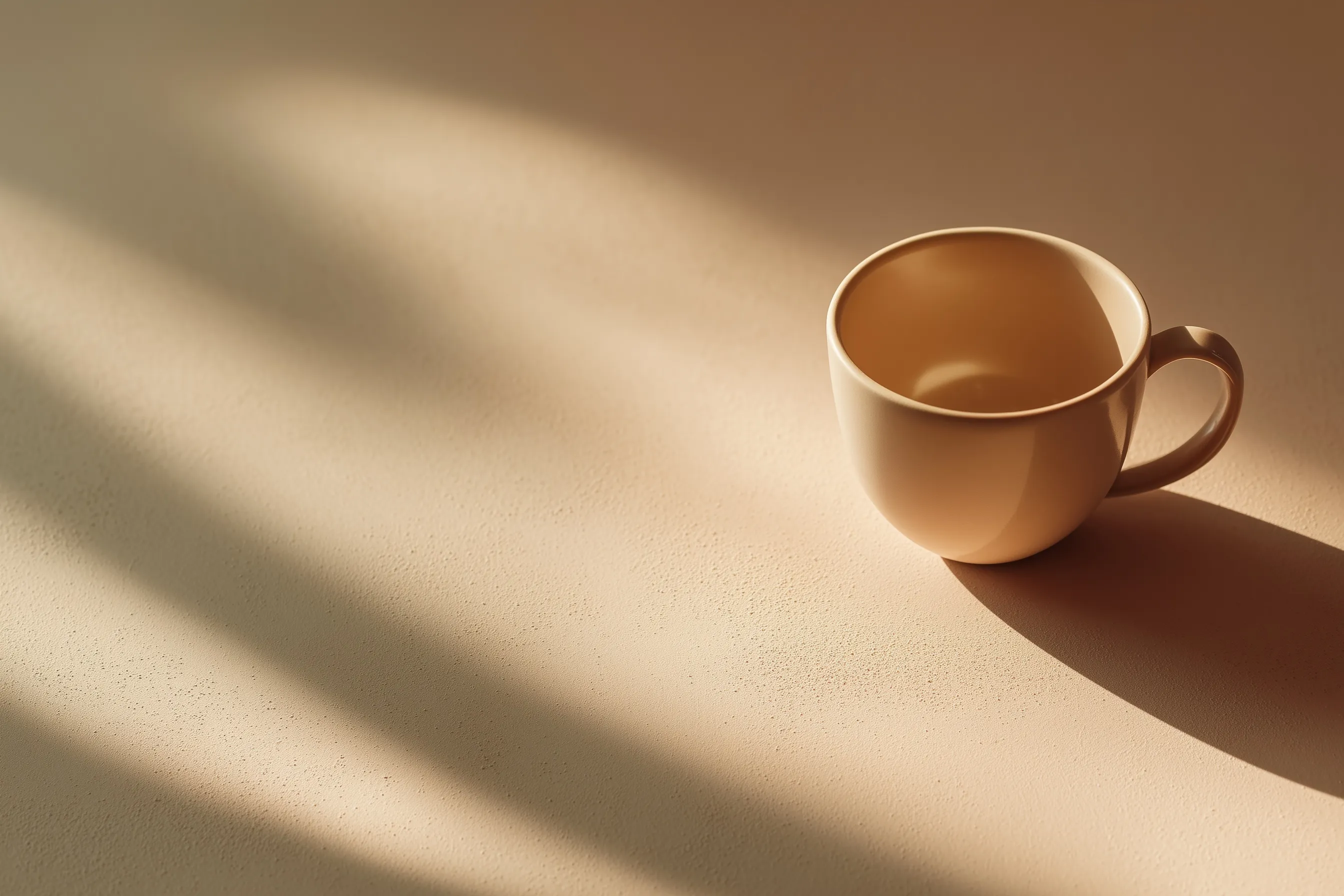 Minimalist ceramic coffee mug on a smooth surface with soft sunlight and copy space for commercial advertising.