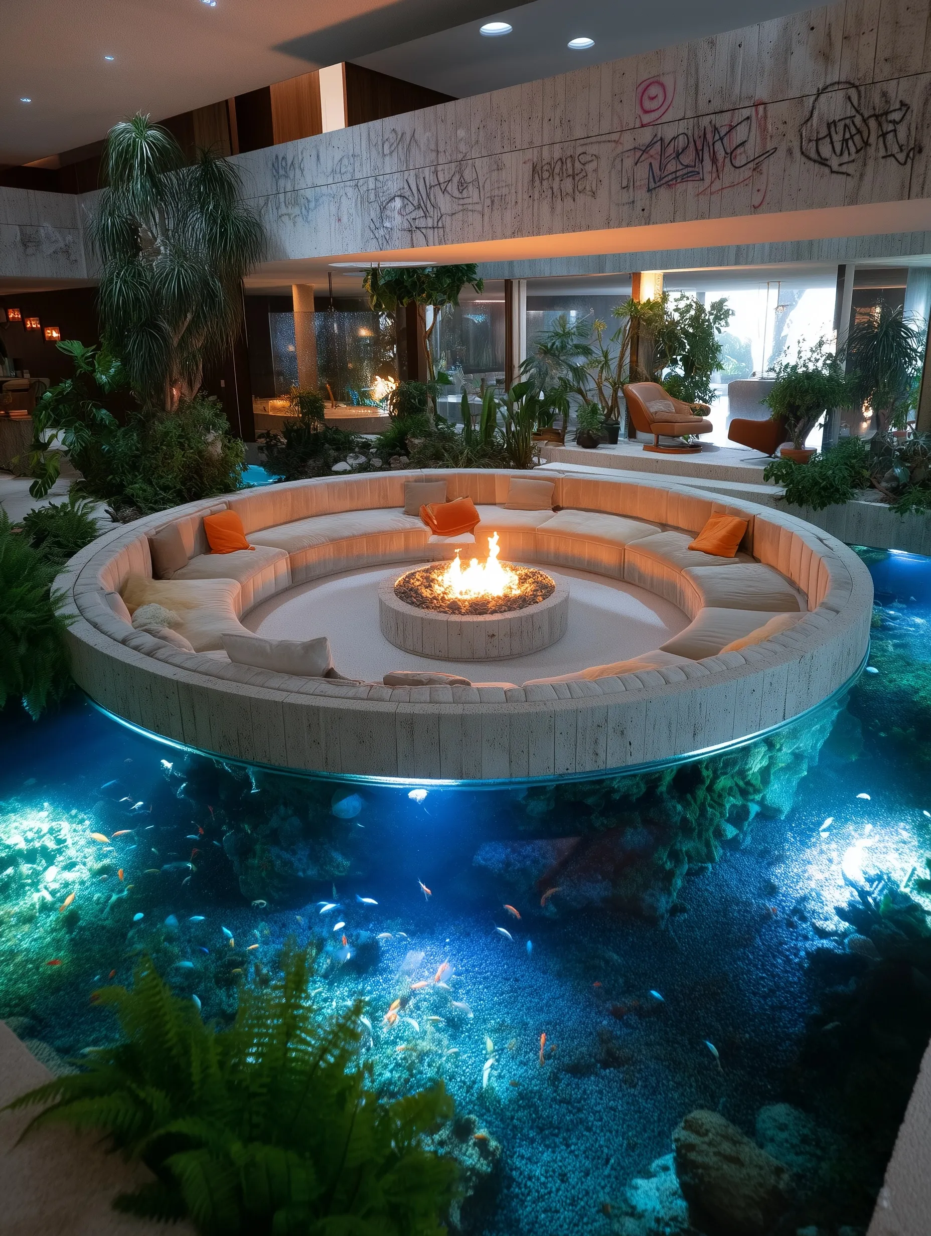 Modern sunken conversation pit with a central fire pit, neon ambient lighting, and jellyfish aquarium.
