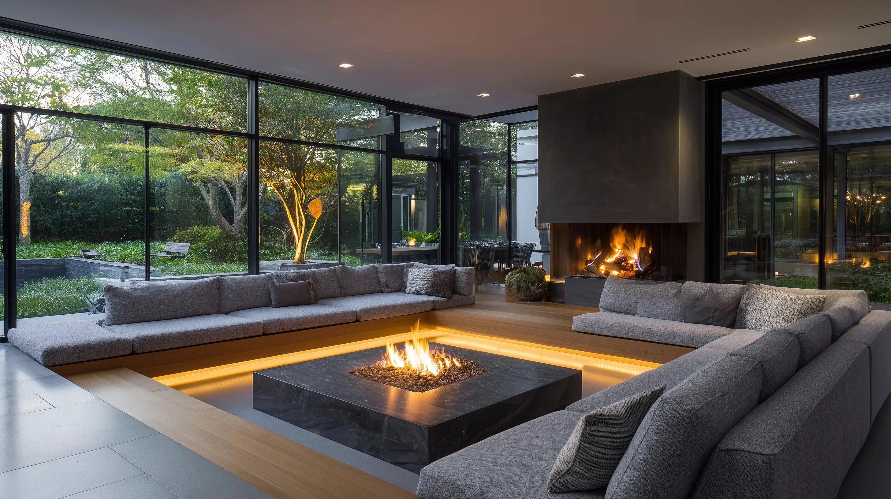 Modern sunken seating area with fire pit and floor-to-ceiling windows, featuring grey stone and light oak decor.