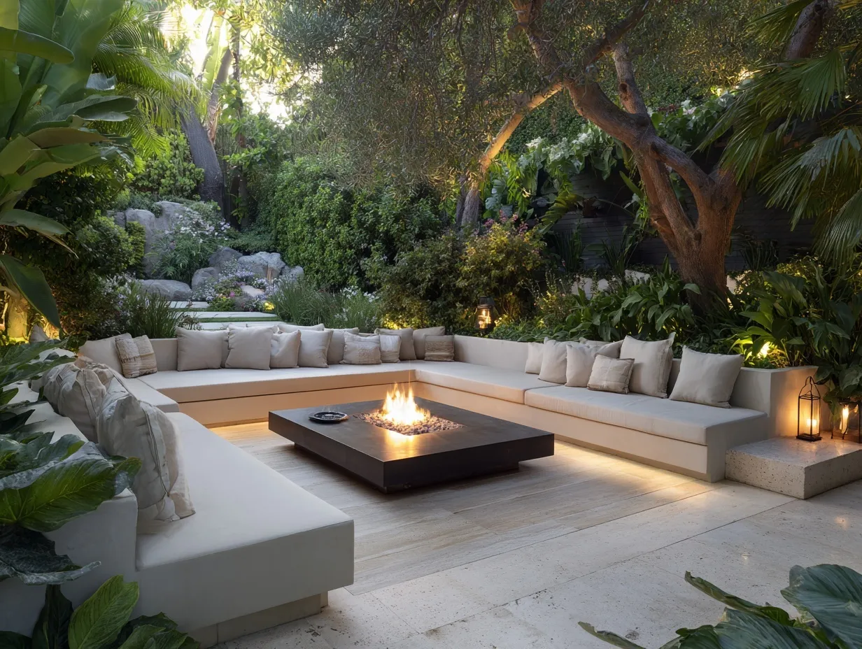 Modern sunken fire pit lounge with neutral seating and lush tropical garden landscaping.