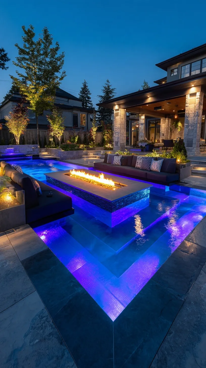 Modern backyard sunken seating fire pit next to a glowing swimming pool with LED landscape lighting at night.