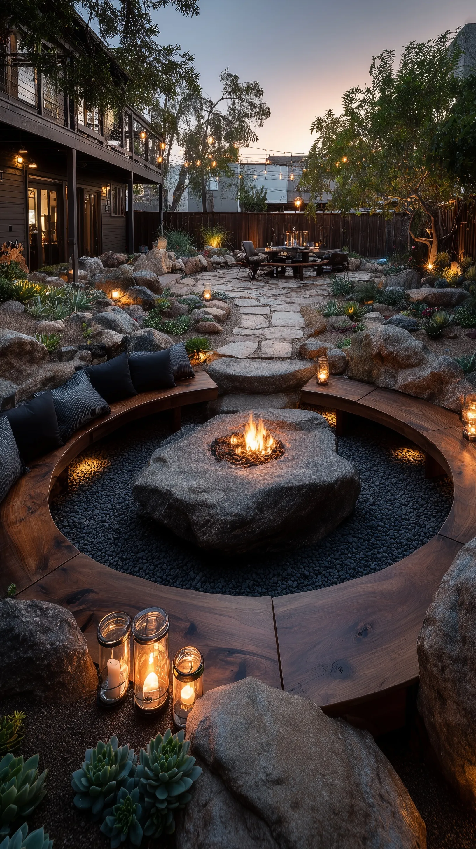 Sunken circular fire pit lounge in a modern backyard with wood bench seating and warm sunset lighting.